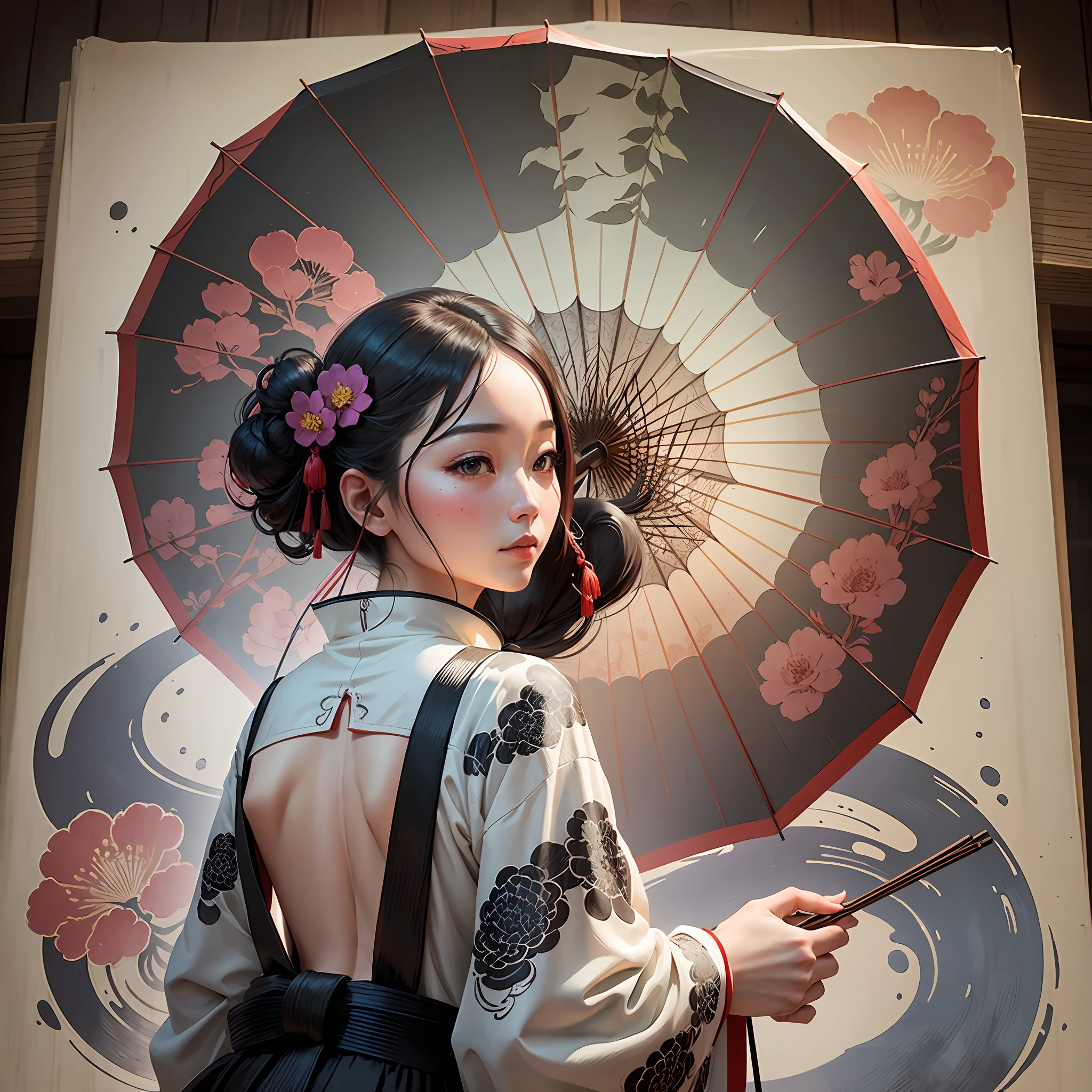 Chinese style, willow, ink painting style, holding umbrella, woman, looking back --auto --s2