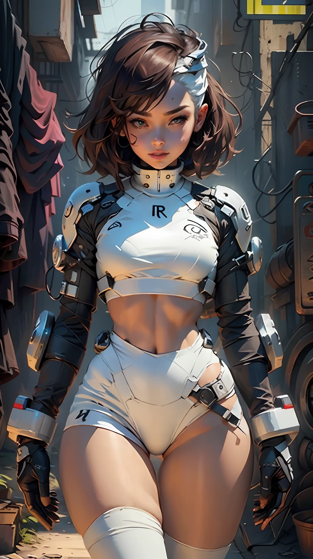 Woman body defined thick thighs cybernetic body parts, short underwear