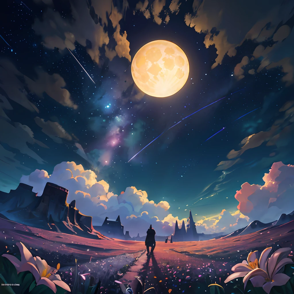 expansive landscape photography, (a view from below showing the sky above and the open field below), a wolf in a field of flowers looking up, (full moon: 1.2), (shooting stars: 0.9), (nebula: 1.3), distant mountain, Tree BREAK production art, (warm light source: 1.2), (Firefly: 1.2), lamp, lots of purple and orange, intricate details, volumetric lighting, BREAK realism (masterpiece: 1.2), (best quality), 4k, ultra-detailed, (dynamic composition: 1.4), very detailed, colorful details, (iridescent colors: 1.2), (bright lighting, atmospheric lighting), dreamy, magical, (only: 1.2)