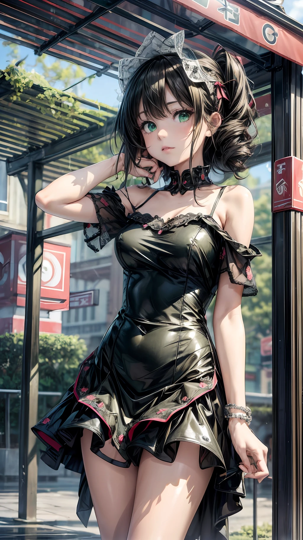 best quality, ultra-detailed, high resolution, extremely detailed cg, anime style, 8k, nice hands, perfect hands, perfect body, (green eyes), (black hair up to shoulder), drill hair, ribbon, beautiful eyes,wet clothes, short red dress, detailed and beautiful face and eyes, ((shiny skin)), shiny hair, (detailed and beautiful shiny clothes, under a kiosk, in a square,  waiting for rain to pass,overcast sky, rainy day