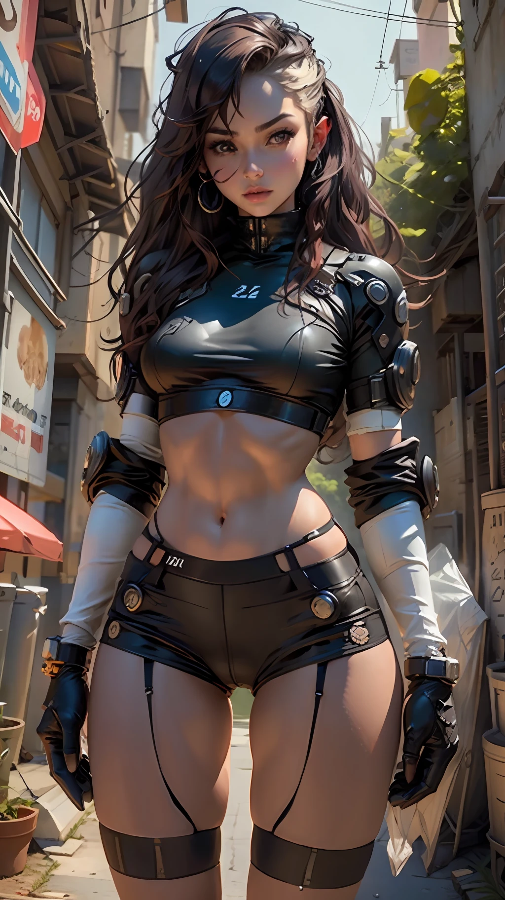 Woman body defined thick thighs cybernetic body parts, short underwear