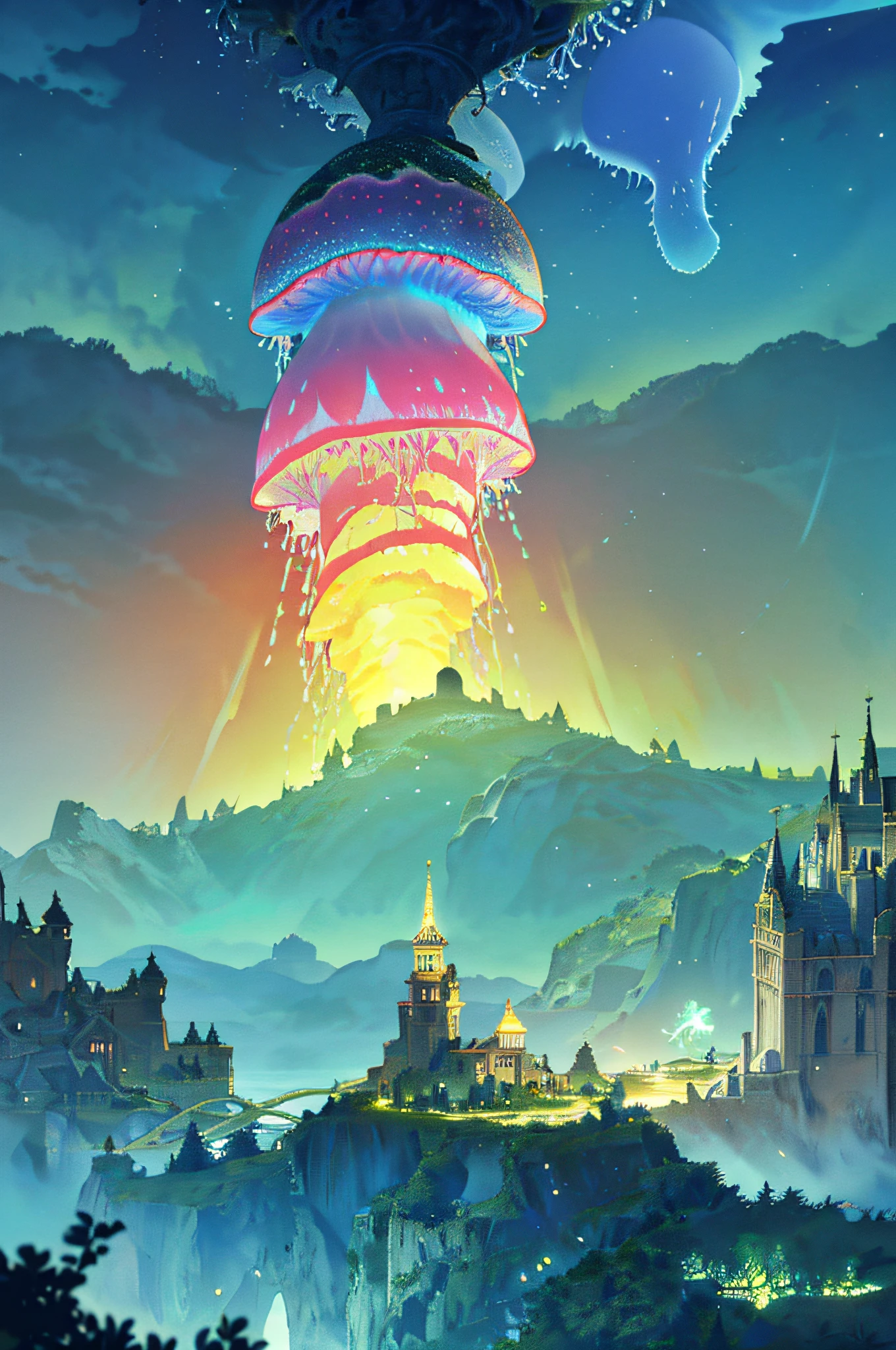 Masterpiece, High Quality, Ocean Forest, City, Fantastic Fantasy, Glowing Plants, Coral Viaduct, (Swarm of Glowing Jellyfish), (Shoal of Fish with Transparent Wings Flying in the Sky), Misty, Extreme Detail, Morning Light, Epic Composition, (Intricate Detail), (Intricate Design, Ultra Detail: 1.2), Art Station, (Masterpiece, Best Quality), Ultra HD, 32k ,castle,relic --v 6