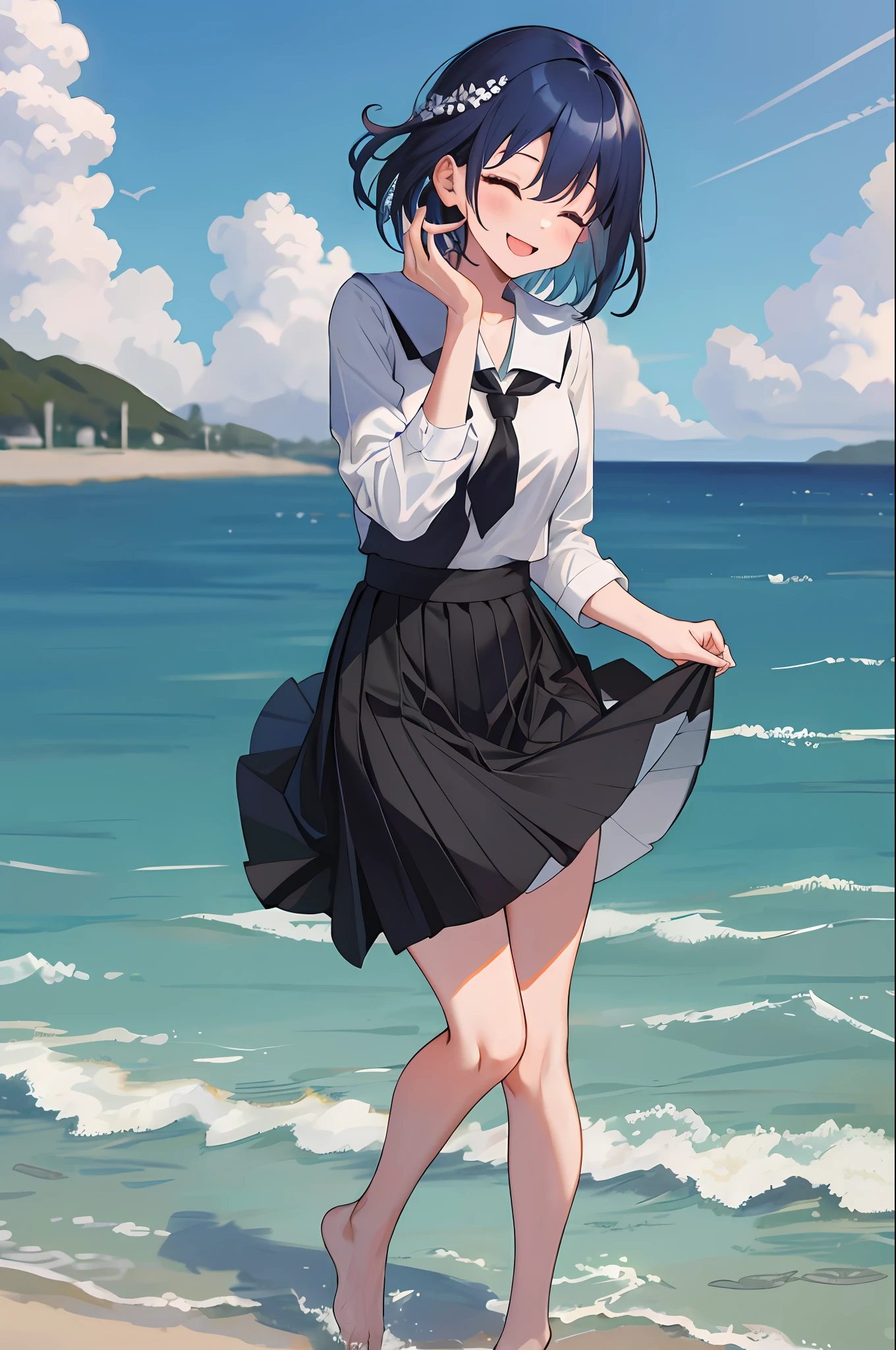 Masterpiece, Best Quality, Hi-Res, 1 Girl, Solo, Big, Dark Blue Hair, Short Hair, Dark Blue Eyes, Bangs, Hair Between Eyes, Long Sleeves, Tie, School Uniform, Pleated Skirt, Juliet Sleeves, Black Thighs, White Shirt, Barefoot, Full Body, (Skirt Lift: 1.3), Sea, Beach, Sky, Clouds, Sweat, Look at Viewer,Smile, Close Your Eyes