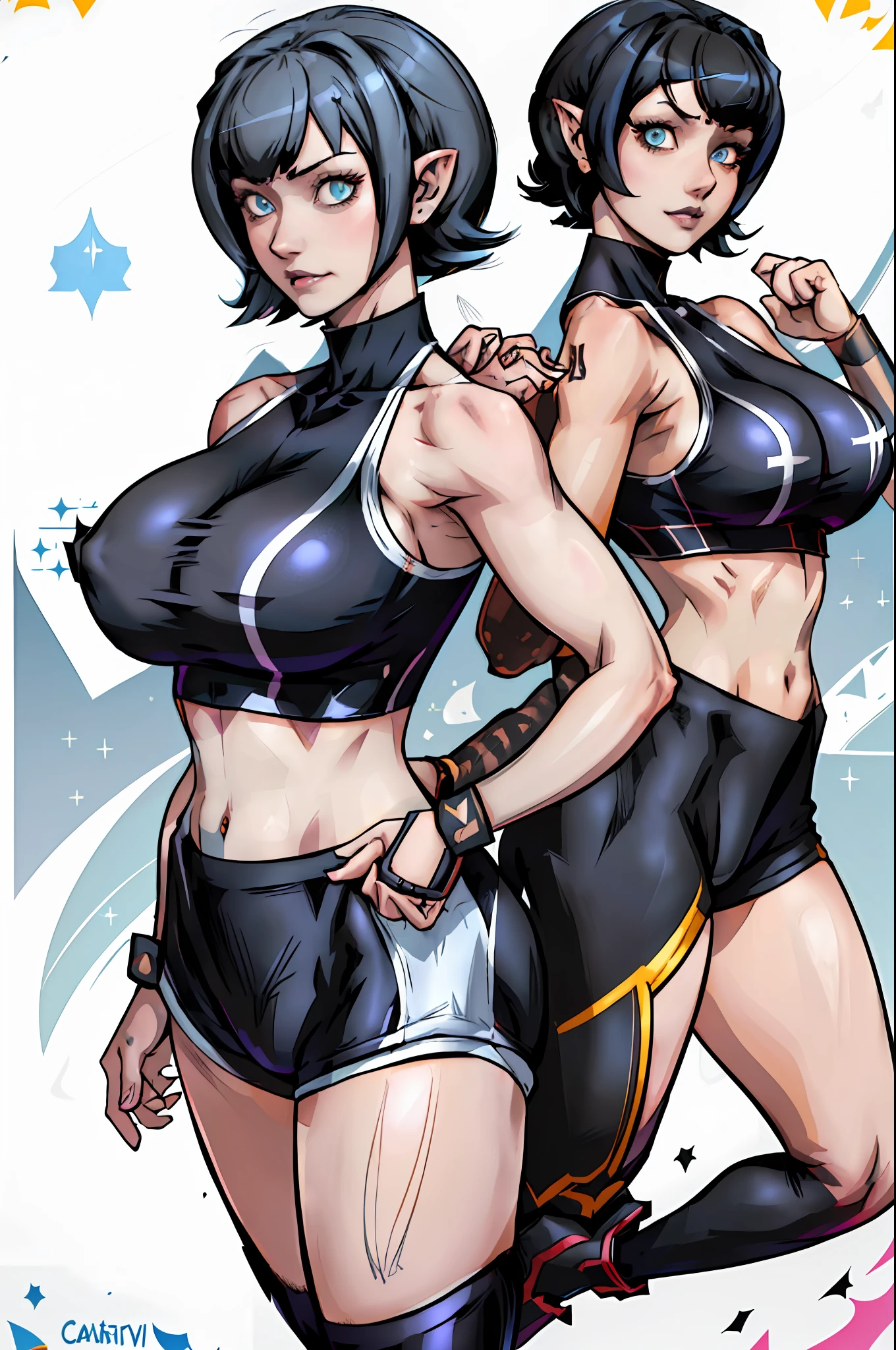 A closeup of a woman and some other poses, front side and back poses, 1girl, highres, sharp focus, pixiv masterpiece, (((intricate details)), highly detailed, highly detailed exquisite fanart, commission for high resolution, one eye, detailed eyes, pale skin, fair skin, short hair, black hair, cat eyes, eyes with cat pupil,  muscular!,abdomen, pointy ear, vampire, costume: sportswear, yoga pants, calvin clein style sports bra, neckline, revealing neckline, joy ride style, ilya kuvshinov,Anime Moe Artstyle, female anime character, anime character,
