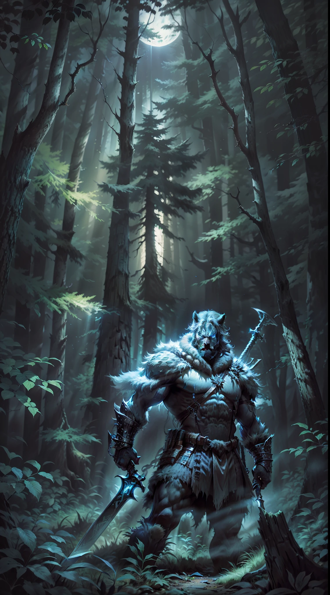 (Photorealistic high resolution image) Hunter of the night forest, full moon in the background, (dangerous forest scenery, tall trees) "Man hunter "shield and sword", dressed as a warrior.