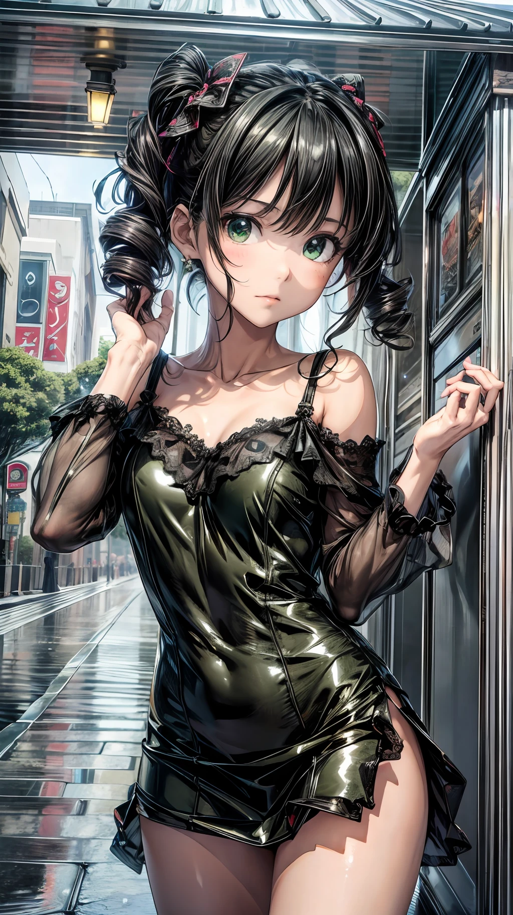 best quality, ultra-detailed, high resolution, extremely detailed cg, anime style, 8k, nice hands, perfect hands, perfect body, (green eyes), (black hair up to shoulder), drill hair, ribbon, beautiful eyes,wet clothes, short red dress, detailed and beautiful face and eyes, ((shiny skin)), shiny hair, (detailed and beautiful shiny clothes, under a kiosk, in a square, waiting for rain to pass,overcast sky, rainy day