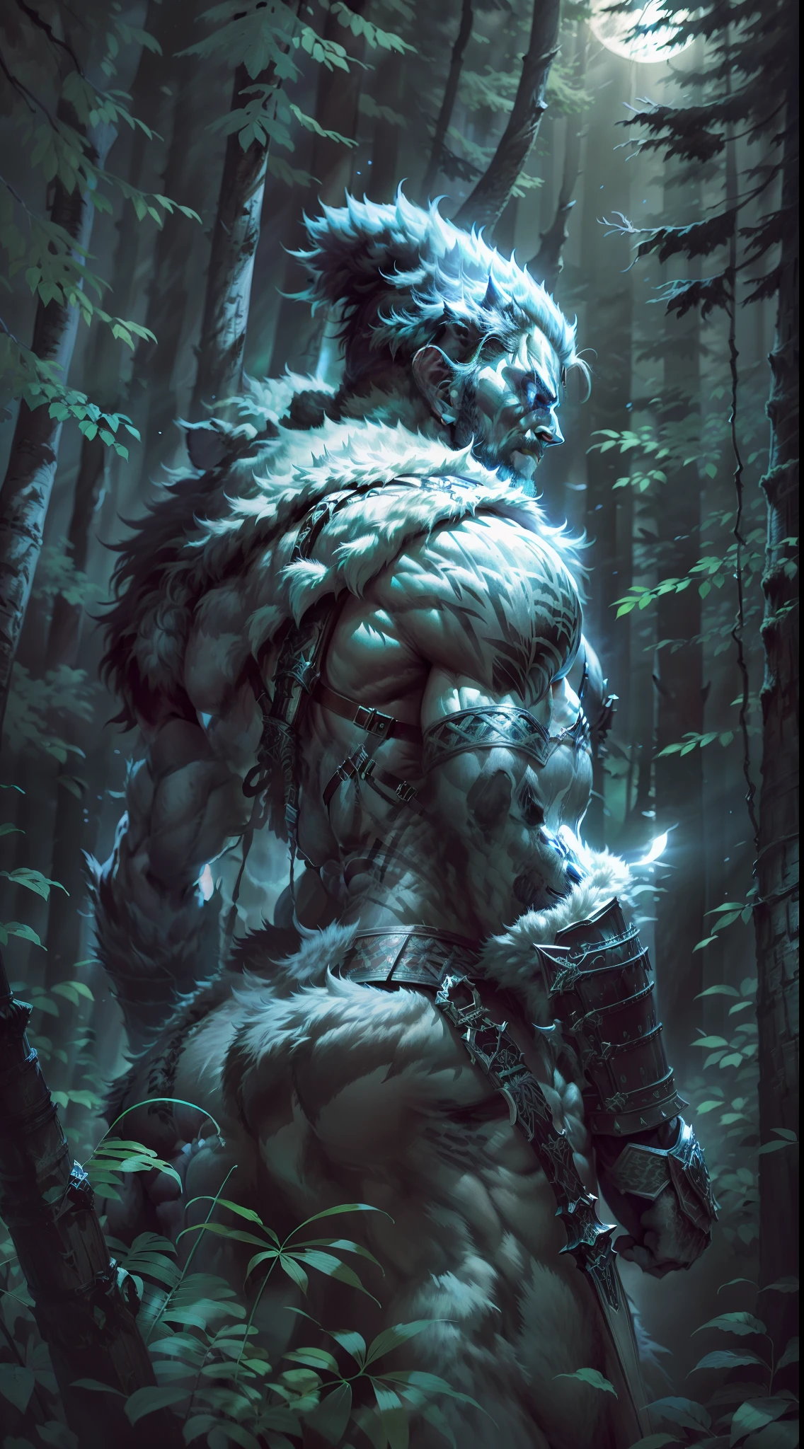 (Photorealistic high resolution image) Hunter of the night forest, full moon in the background, (dangerous forest scenery, tall trees) "Man hunter "shield and sword", dressed as a warrior.