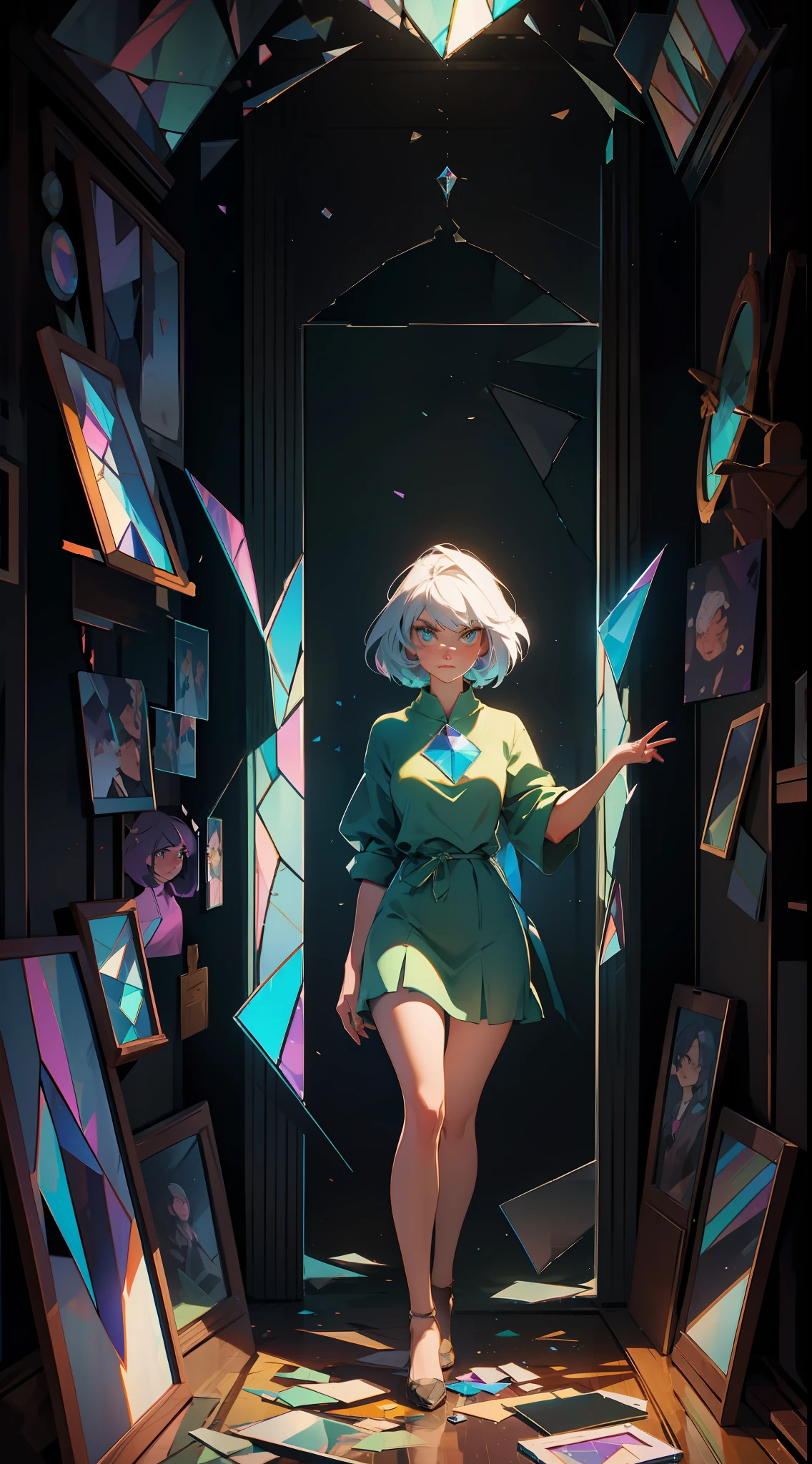 Giant Magic Mirror made of shattered stained glass in a dark room
