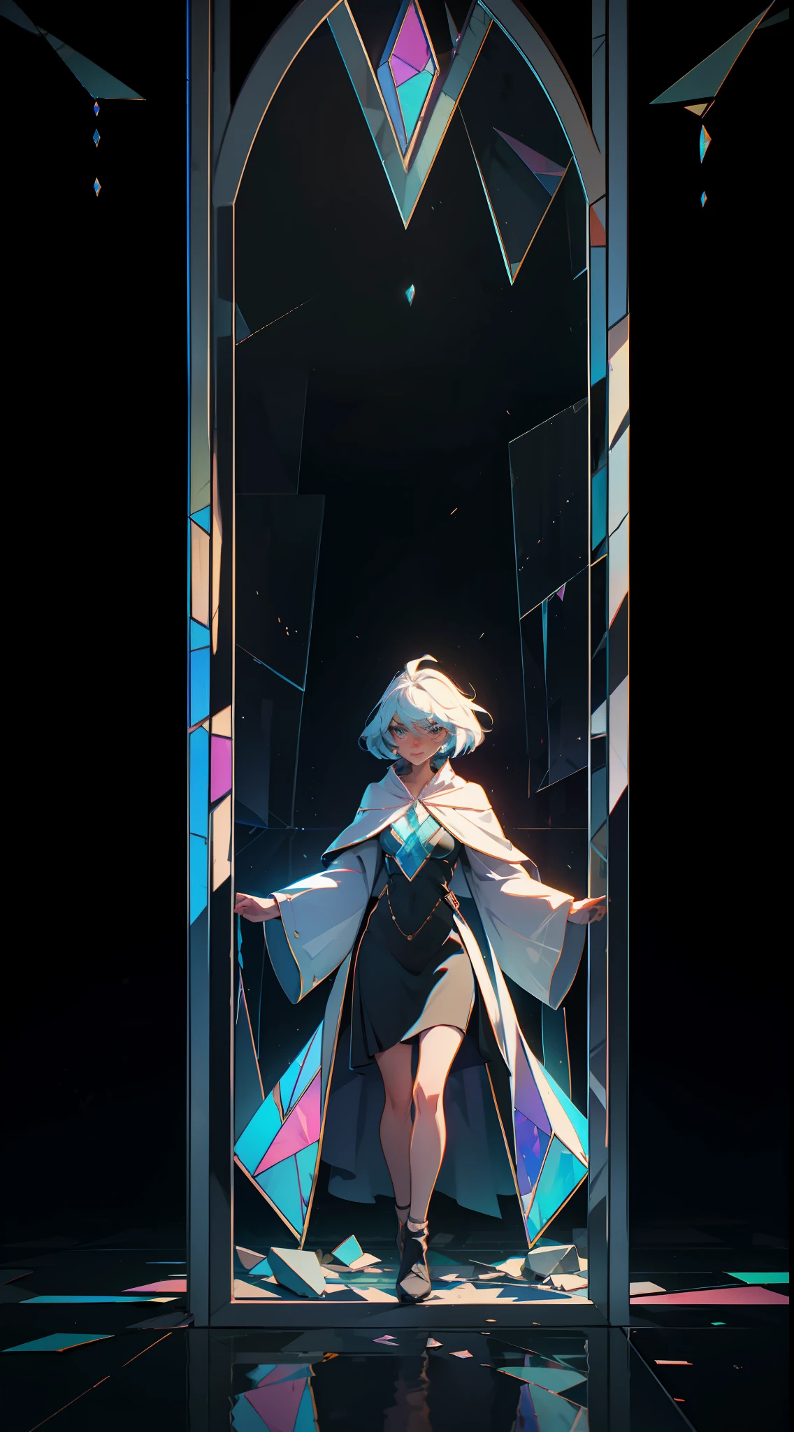 Giant Magic Mirror made of shattered stained glass in a dark room