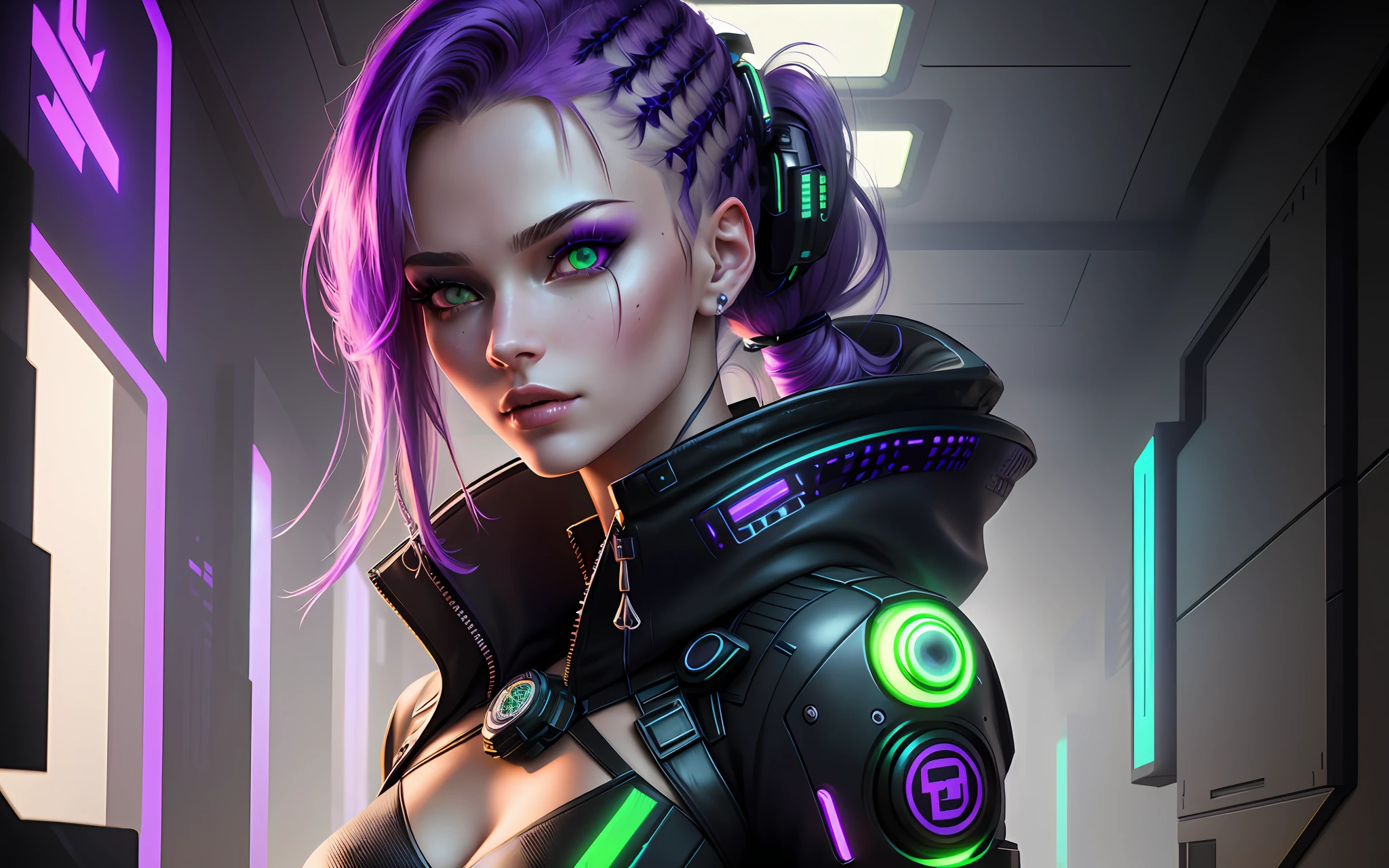 Alisa Freindlich, Alisa Shor, Alisa Kuzmina, Alisa Selezneva, an exotically beautiful woman dressed in futuristic clothes with a ponytail of purple hair shoots a fantastic film, a perfect detailed face, detailed symmetrical green eyes with a round iris, realistic, stunning realistic photography, 3D rendering, octane rendering, intricate detailed, cinematic, cyberpunk art style, cyberpunk themed art, cyberpunk art style, cyberpunk girl portrait, cyberpunk portrait, cyberpunk bright glow, advanced cyberpunk digital art, cyberpunk style, cyberpunk style color, hyper-realistic cyberpunk style, female cyberpunk, cyberpunk character art, dreamy cyberpunk girl, cyberpunk atmosphere,