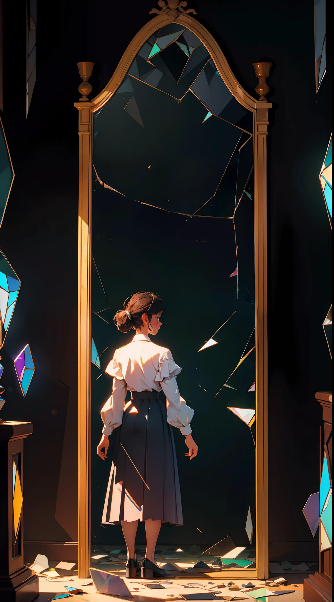 Giant Magic Mirror made of shattered stained glass in a dark room