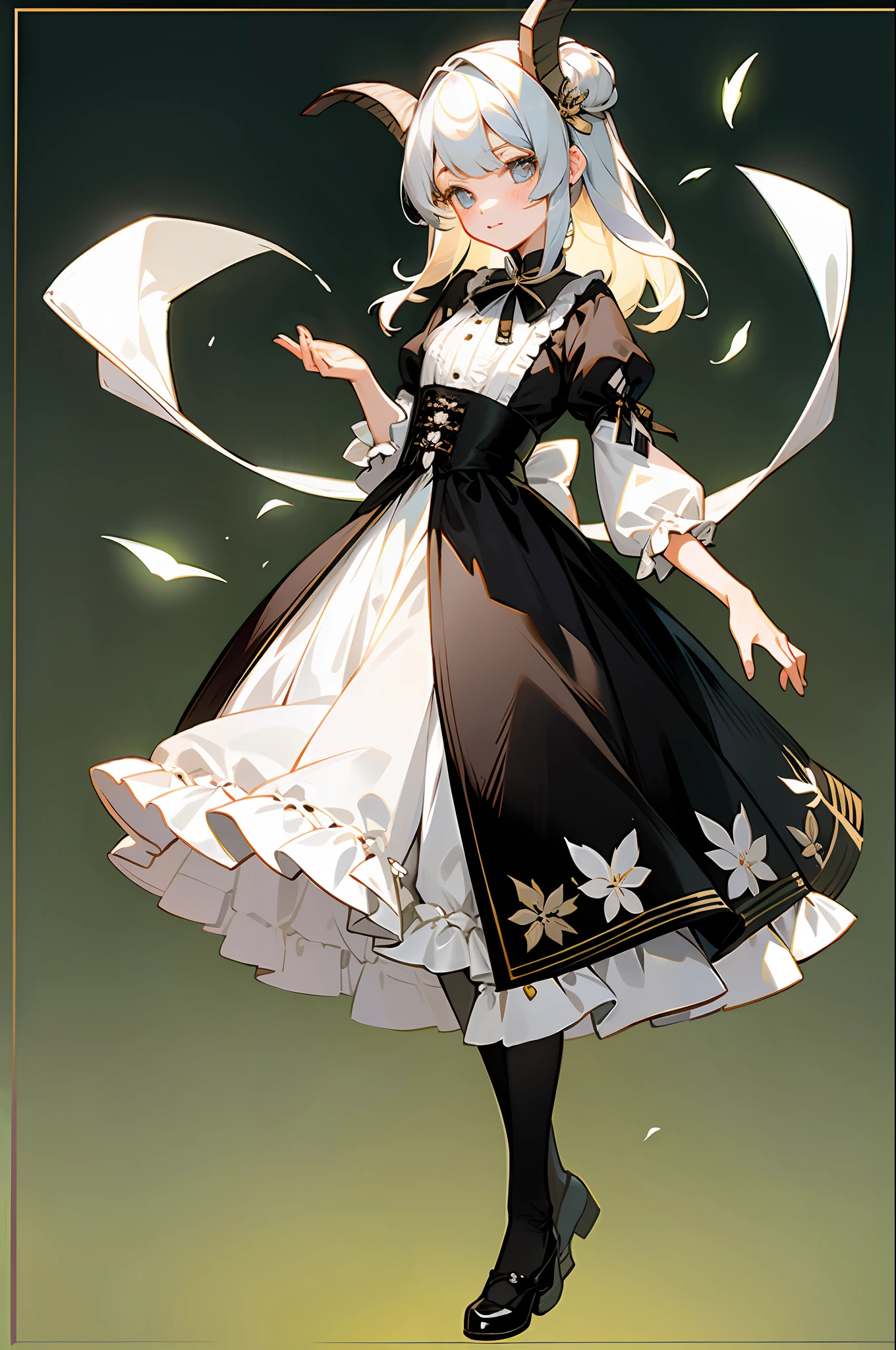 ((杰作,最佳质量,最高质量,插图,复杂的细节)),A lovely young girl with Victorian hair, a pair of goat horns with bell decoration, beautiful innocent eyes, wearing a rococo dress and black stockings, full body photo, extremely detailed,Background monochrome