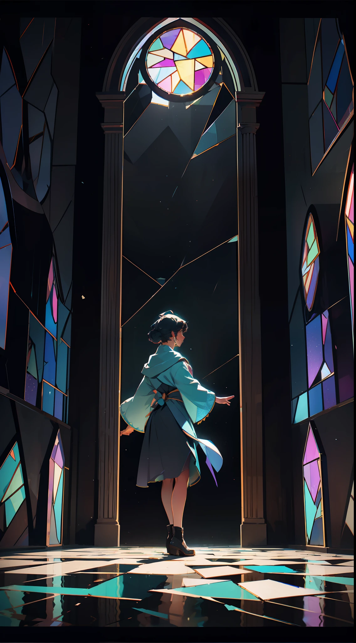 Giant Magic Mirror made of shattered stained glass in a dark room