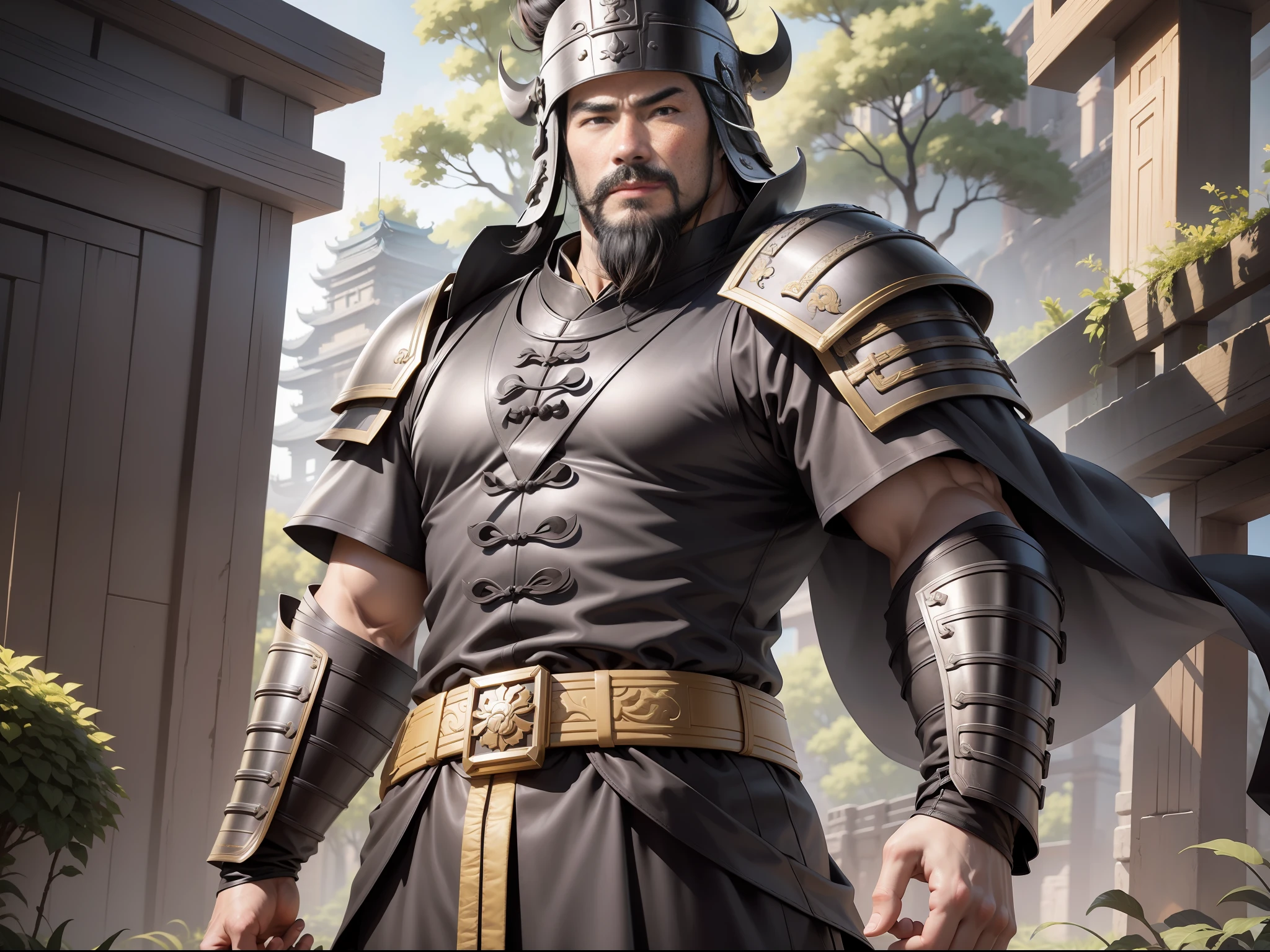 Ultra HD, ultimate masterpiece, high detail depiction, best picture quality, 8k, 2D anime style, Chinese Han Dynasty, a man, ancient Chinese general Dian Wei, mature man, 30 years old, super detailed face, round face, black eyes, big beard, resolute eyes, wearing a black helmet, wearing black armor, a yellow belt at the waist, height 2 meters, burly body, muscular, black leather boots, standing on the grass, summer, sunny, daytime, sunny, all over.
