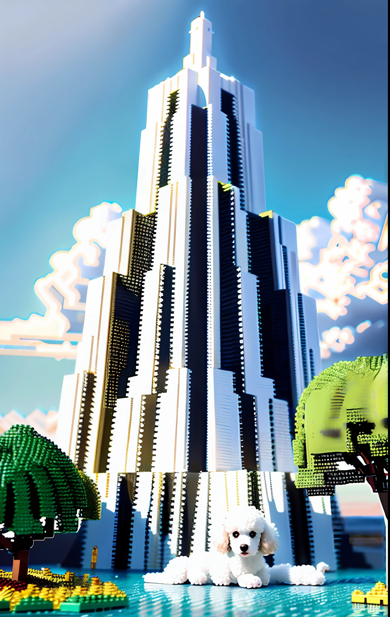 image in lego format, masterpiece not yet created in the world, mystical scenery, poodle dog white color