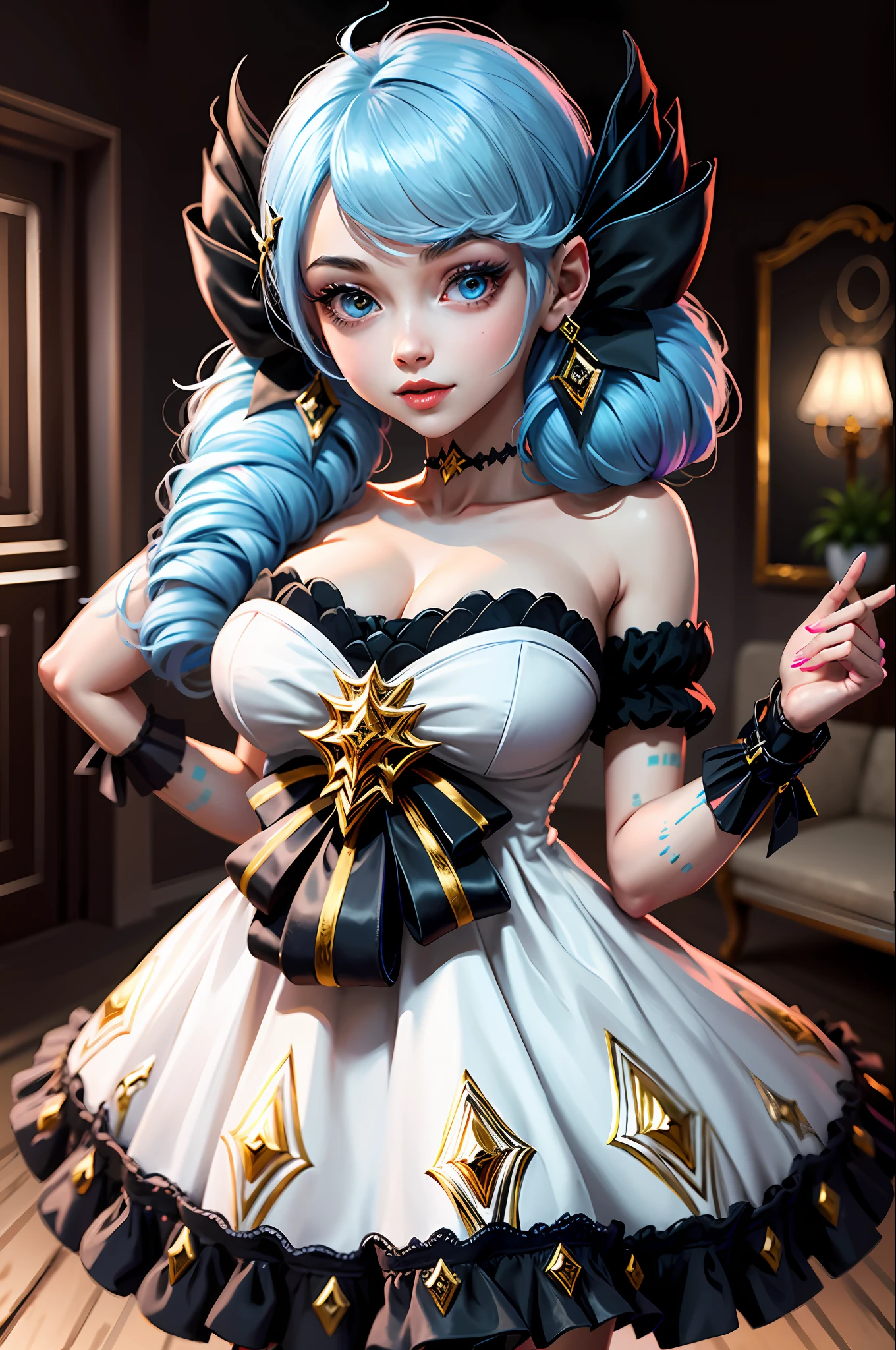 1girl, absurdres, black bow, black gloves, black legwear, blue eyes, blue hair, bow, collarbone, dress, drill hair, frilled dress, frills, gloves, gwen \(league of legends\), hair ornament, highres, league of legends, long hair, parted lips, puffy sleeves, pink pupils, smile, solo, white dress, x, x hair ornament,large breasts, indoors,half_naked