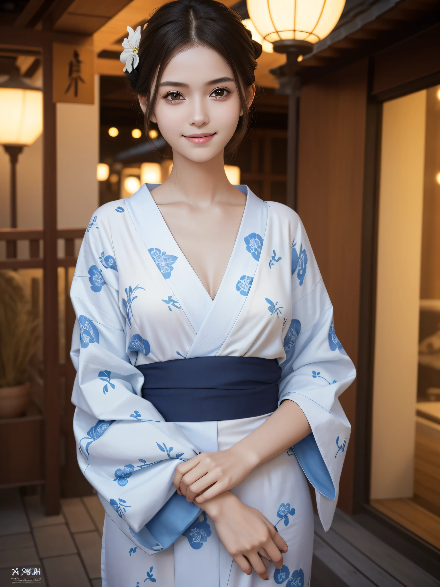 8k, Perfect human body, Real person, Photorealistic, RAW photo, Real human face, Real human face skin, 17yearsold, tall girl, small breasts, slim body, (looking at the camera with pure love eyes with shy smile), showing the whole body, up do hairstyle, no makeup, beautiful white skin, real human black cute eyes, cute face, movie lighting, no makeup, beautiful white skin, wearing a flower pattern dark blue yukata and attending a Japanese busy festival, cute posing,