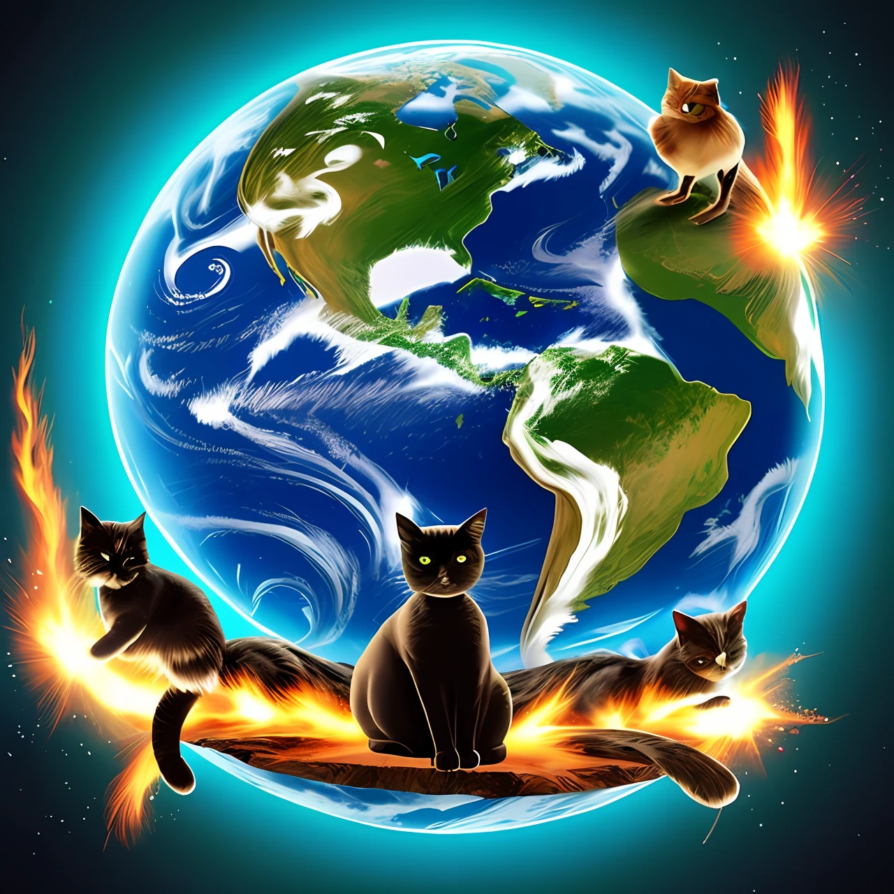 I want an image of cats dominating the whole earth