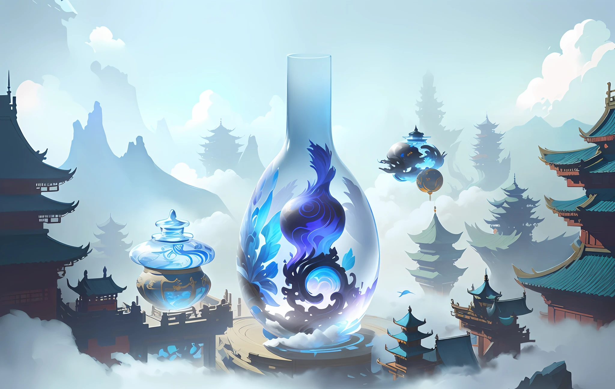 Inside there is a blue vase, Onmyoji Detailed Art, Stylized Concept Art, Onmyoji, Mobile Game Art, Stylized Game Art, Duelyst Style, Concept Art Illustration, Spiritual Fantasy Concept Art, Chinese Fantasy, Dream in a Jar, Painting of a Health Potion, Floating Land in the Clouds