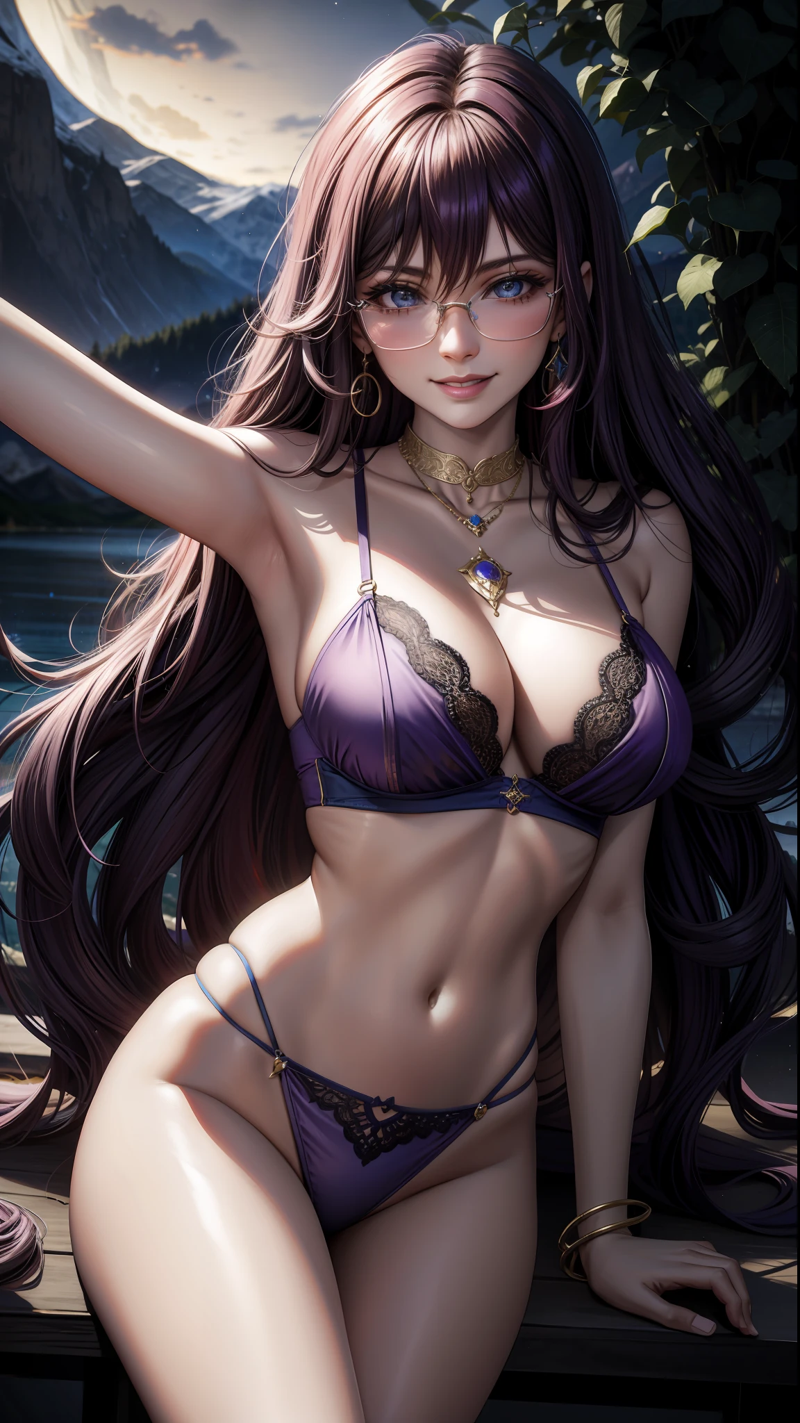 Mia Khalifa, best quality lora, masterpiece, hyper-realistic, high detail, semi-realistic, 8k, short wavy red hair with braid with original brightness, cheerful face, happy smile, blue eyes with brightness, higher face resolution, adult, woman, woman dancing in the moonlit night among novus with mountains on the horizon with some trees in the distance, ancient, morning, purple lingerie blue silver golden, serene place, very seductive posture, choker, necklace, earring, cherry pink lipstick, bracelets, lace hair ornament and ribbon