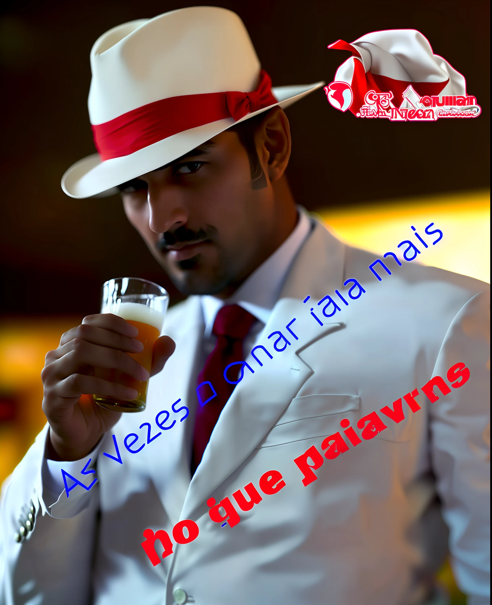 brown man Indian type in white suit and red tie holding a beer, Yummy,