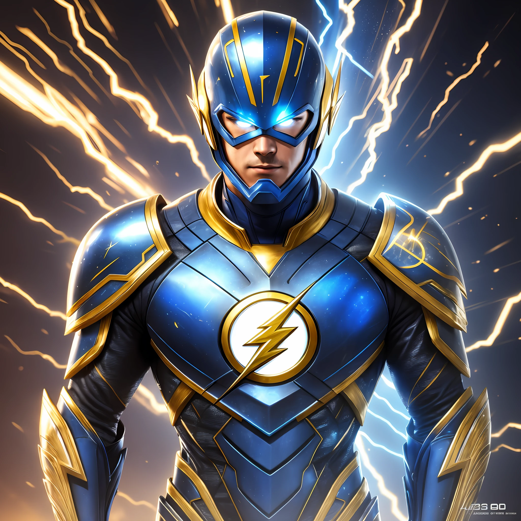 Flash with blue and gold armor,futuristic costume,blue rays,masterpiece art,photo-realistic 8k. --auto --s2