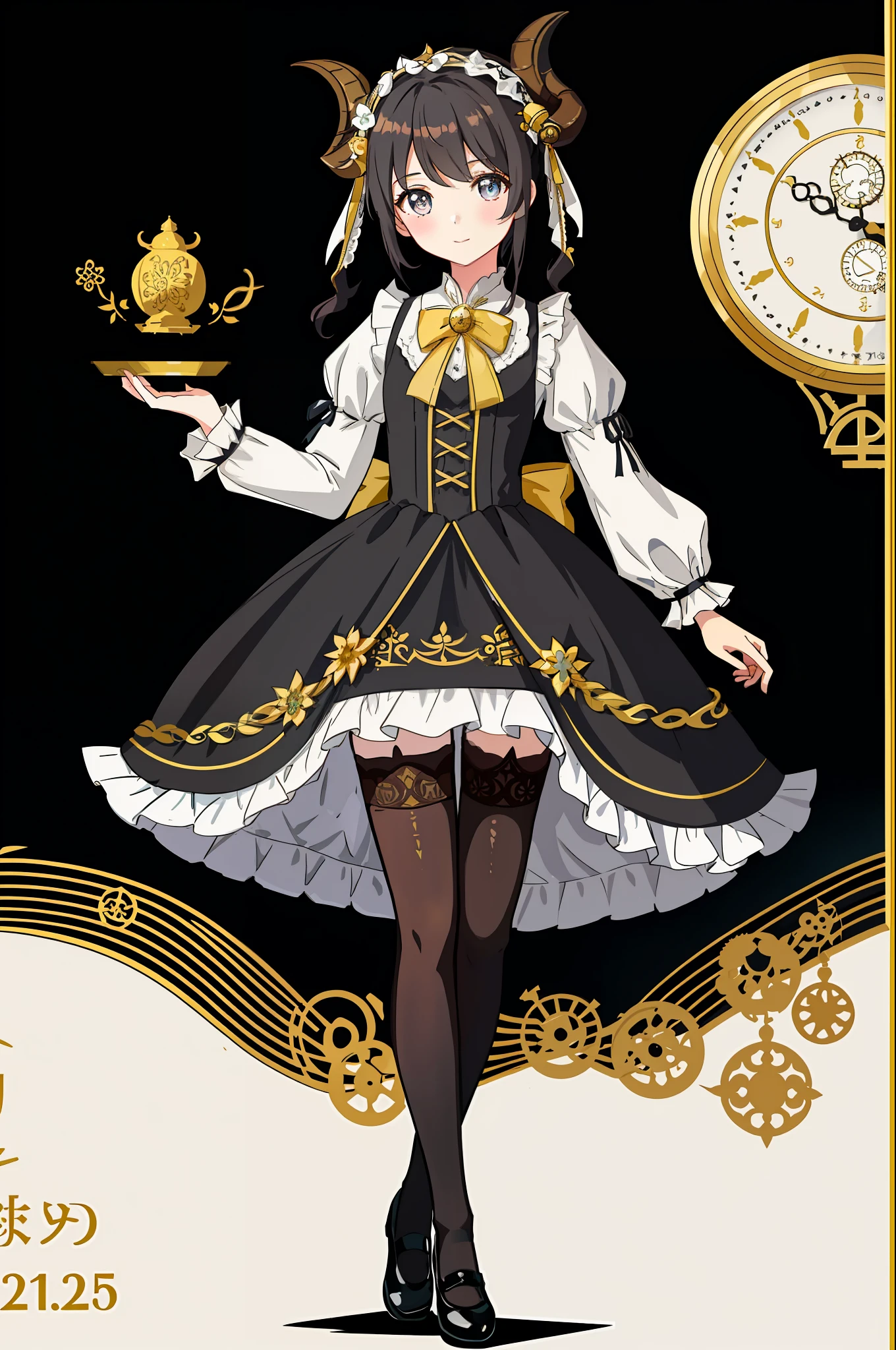 A lovely young girl with Victorian hair, a pair of goat horns with bell decoration, beautiful innocent eyes, wearing a rococo dress and black stockings, full body photo, extremely detailed,Easy Background, ((杰作)), 最好的品质, 完美的脸, (完美的解剖学), 非常详细,