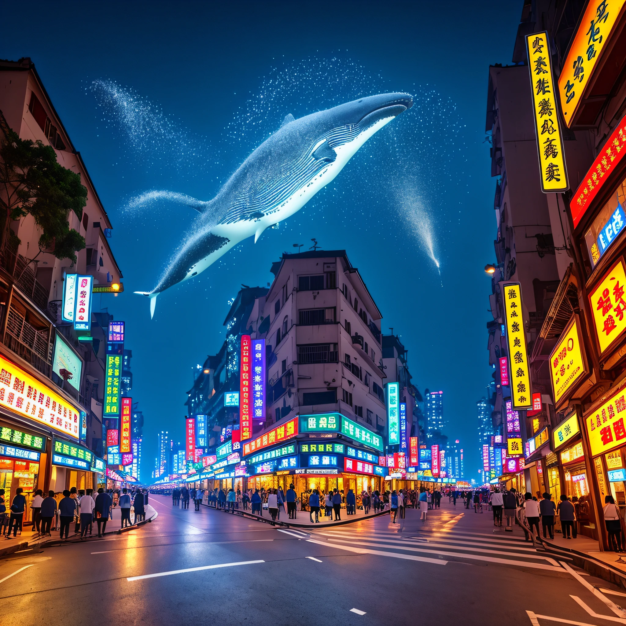Night tour, Shenzhen Dongmen Old Street, meta-universe, huge whales in the air, whale luminescence, gas model, holographic light and shadow particle special effects, golden glow, 4K HD night scene --auto --s2
