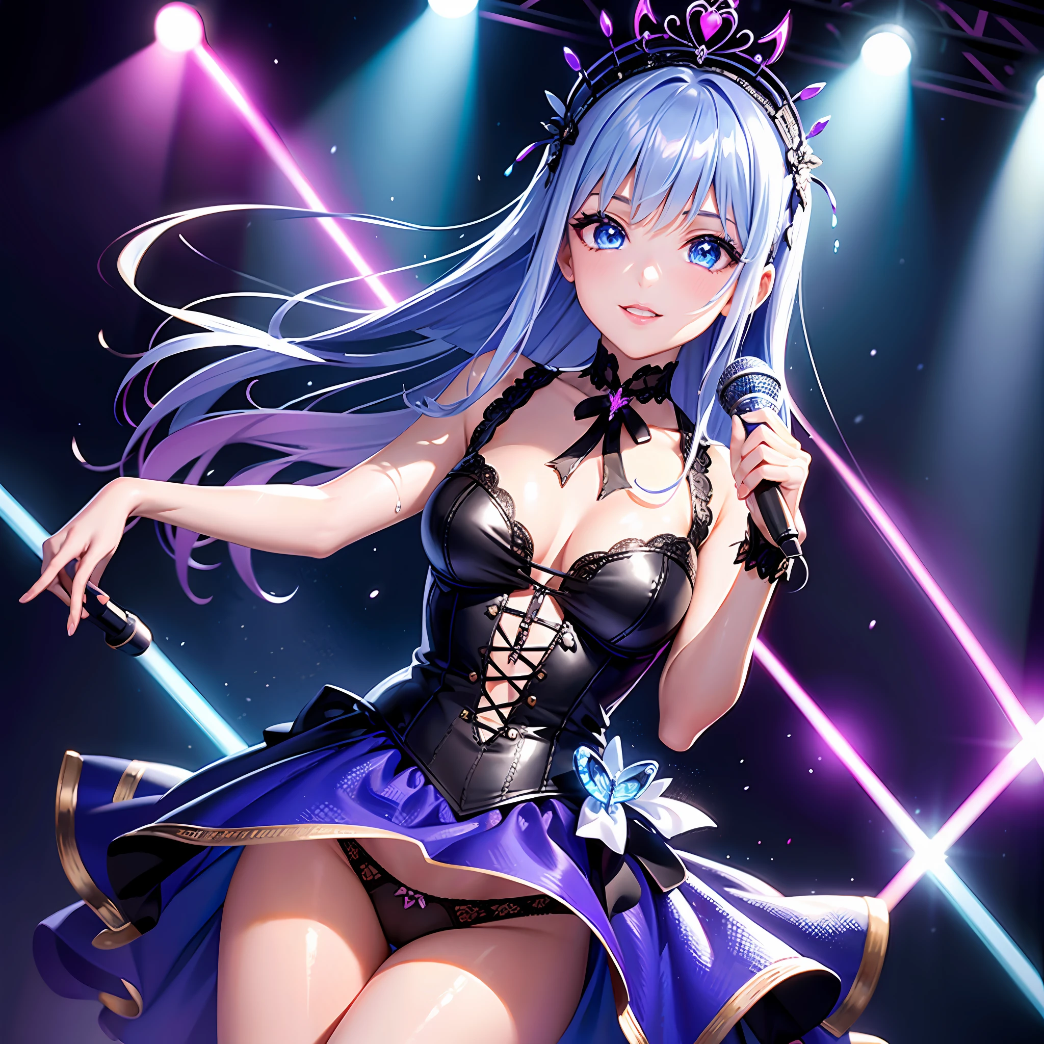 Illustration, cinematic light, high resolution, best quality, super detailed, detailed face, (detailed eyes), highest quality, super detail, masterpiece, (detailed face), pretty face, best smile, sexy mature woman transparent (goth  costume: 1.5), cloth, choker, open cloth, NSFW, high heels, blue eyes, neon small shiny hair edges, D cup, cleavage, AI fantasy concert, Shining lighting, idol, with neon details, (live stage: 1.15), (holding the microphone in left hand and singing: 15), (crowded audience in the background), light reflection, heart-shaped iris, playful eyes, open shoulders, (wet body), small glowing butterfly, hair jewelry, panties, cute panties: 1.5