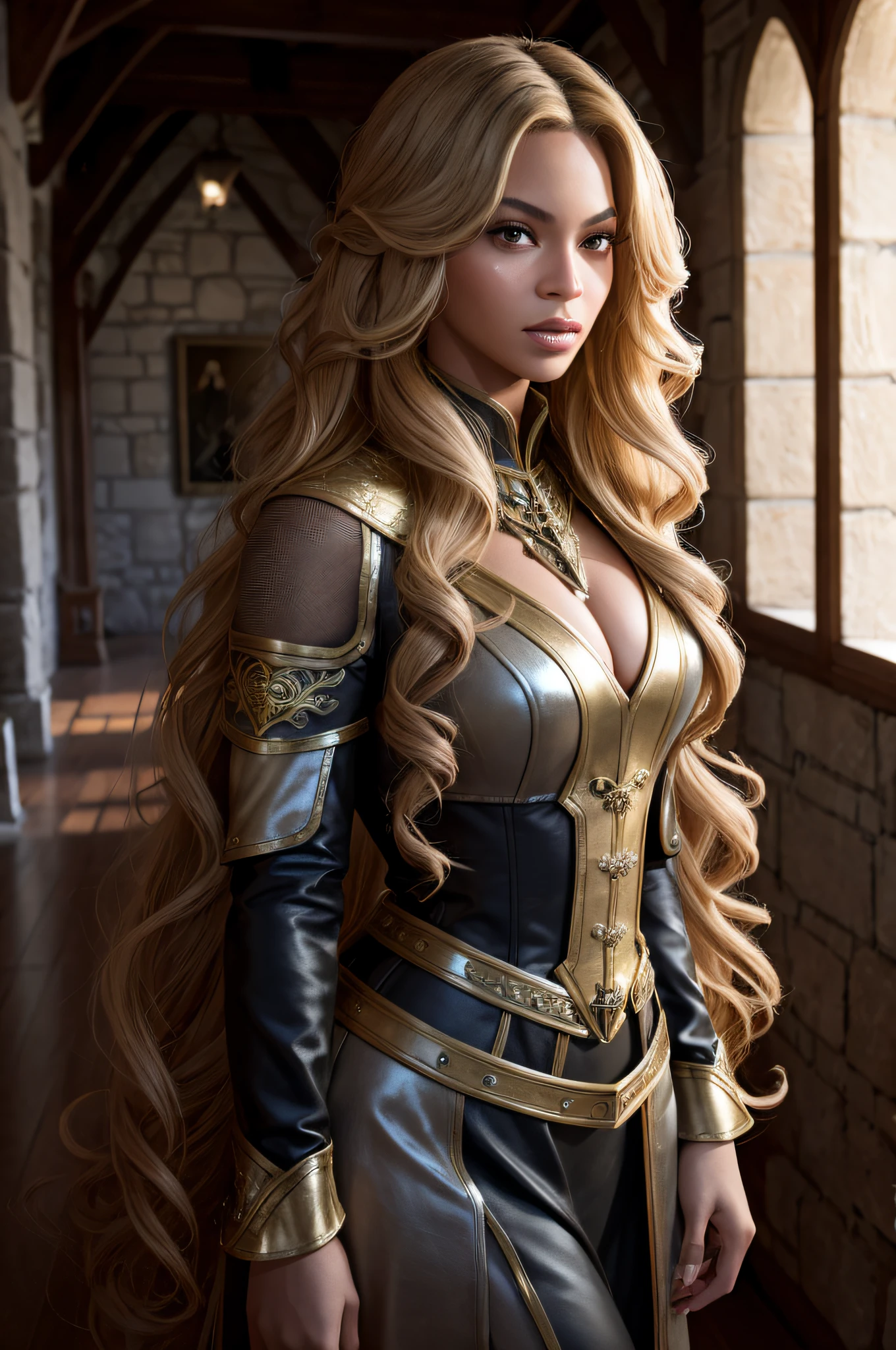 A beautiful pic of  Beyoncé, long curled blonde/brown hair style, inside a beautiful Medieval castle. realistically, dynamic lights, old, gray stubble, full shoot, (extremely detailed CG unity 8k wallpaper), trending on ArtStation, trending on CGSociety, High Detail, Sharp focus, dramatic, photorealistic