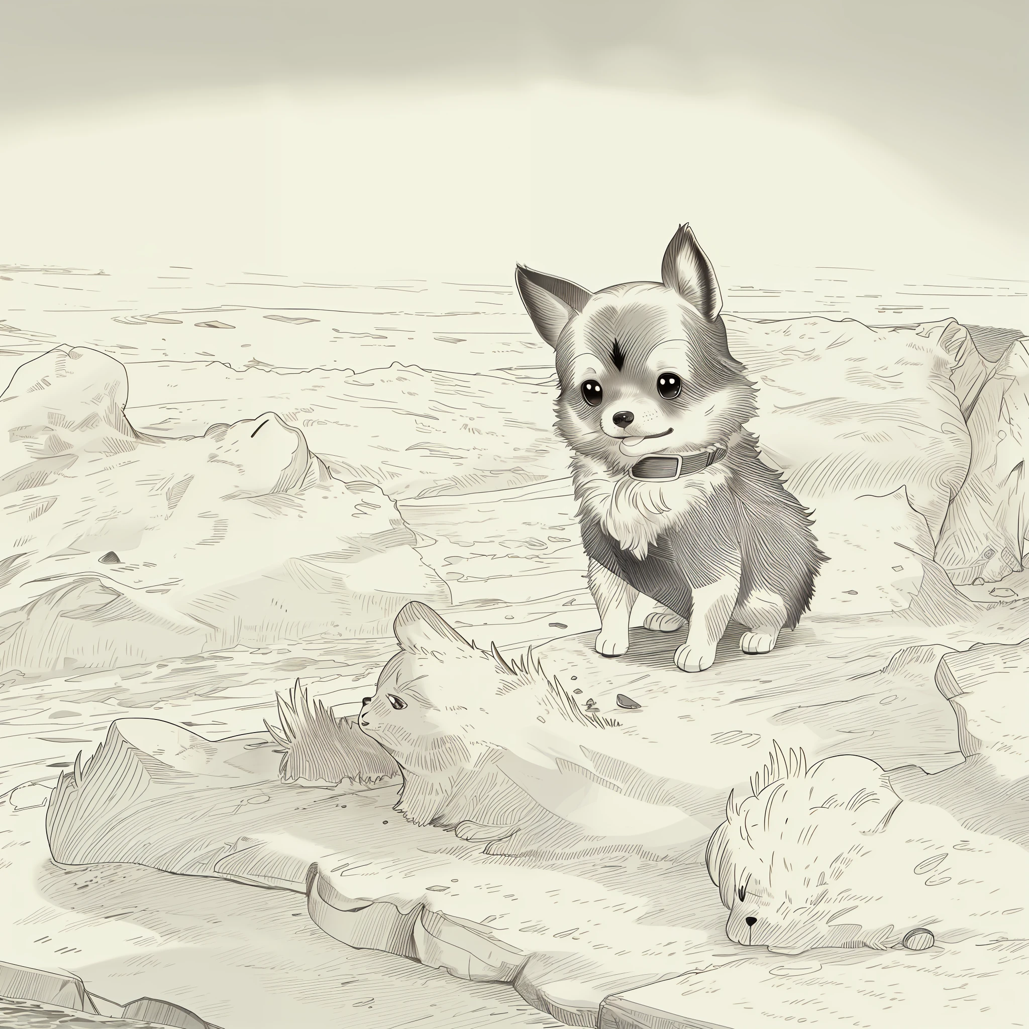 (High quality, 8k) line drawing, lineart, black and white, 1 cute and fluffy chihuahua dog on a beach