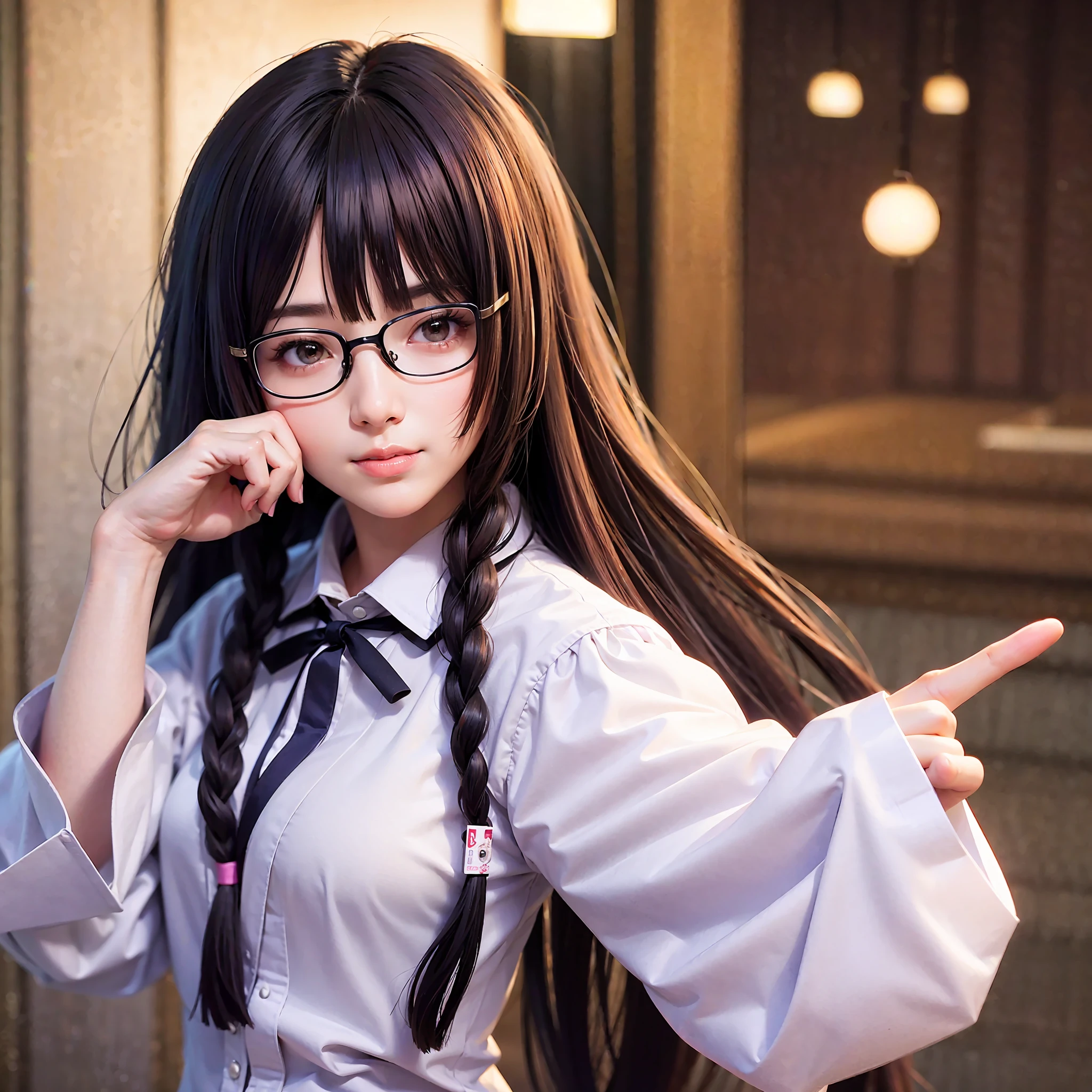 Masterpiece, Best Picture Quality, High Quality, Beautiful, Japanese, Japanese School Girl, Popular Korean Makeup, Detailed, Puffy Eyes, Ultra High Resolution, (Reality: 1.4), Very Beautiful, Slightly Young Face, Beautiful Skin, Slender, (Ultra Realistic), (Illustration), (High Resolution), (8K), (Very Detailed), (Best Illustration), (beautifully detailed eyes), (super detailed), (wallpaper), (detailed face), looking at viewer, fine detail, detailed face, pureerosfaceace_v1, smiling, 46 point slanted bangs, looking straight ahead, wearing glasses, schoolgirl uniform, light purple uniform, ribbon type tie, black hair, long hair, hairstyle in braids,