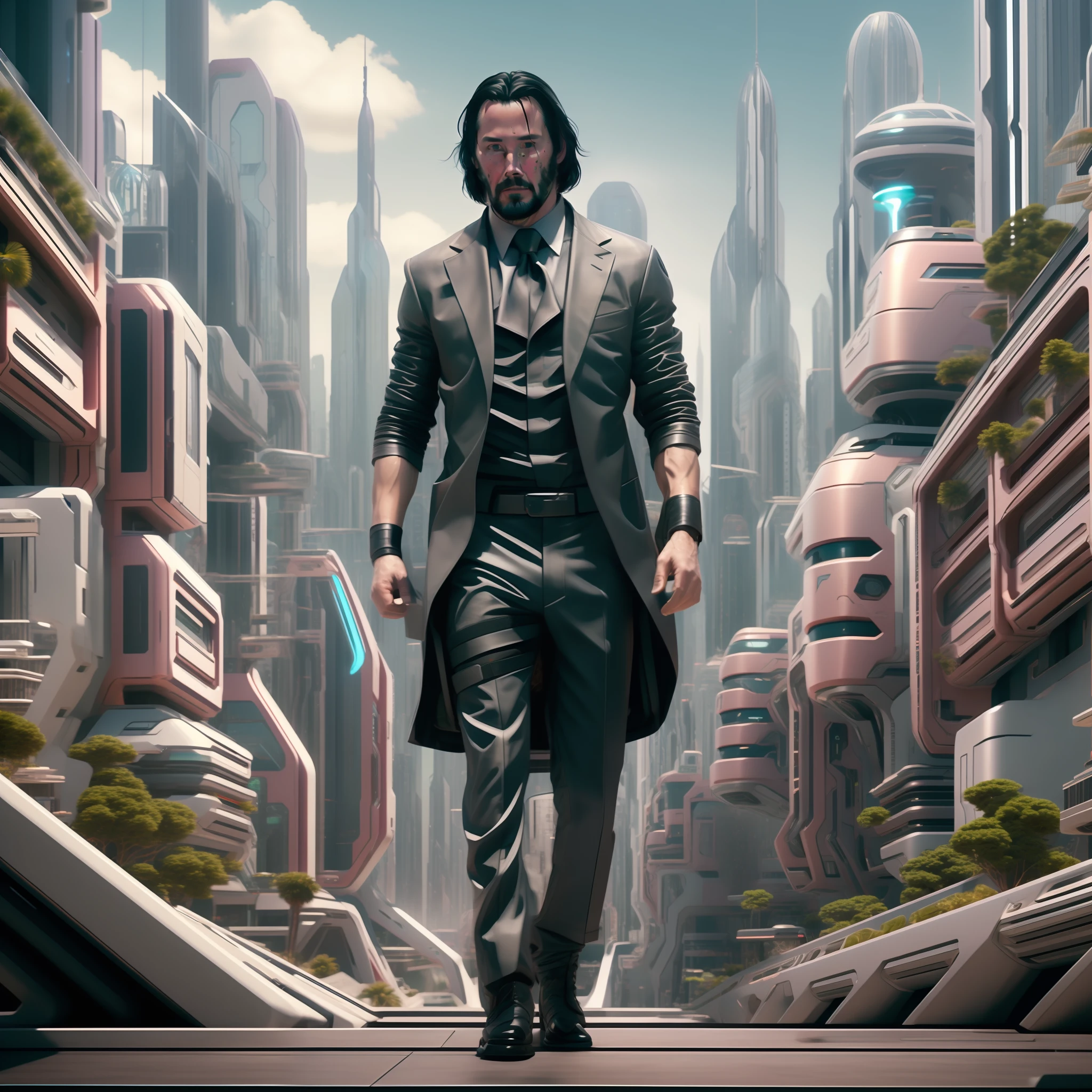 keanu reeves, cyberpunk, john wick, 12k, realistic, full body, with a pistol at the waist, futuristic city, purple tones, american photo shot, modern art, isometric, perfect framing, perfect hands, no duplicate body, Rosto do Keanu Reeves detalhado, perfect legs, perfect, arms, black beard, black hair, white man Keanu Reeves, Johny Silverhand, dark purple city, brown eyes, jaqueta de couro preta