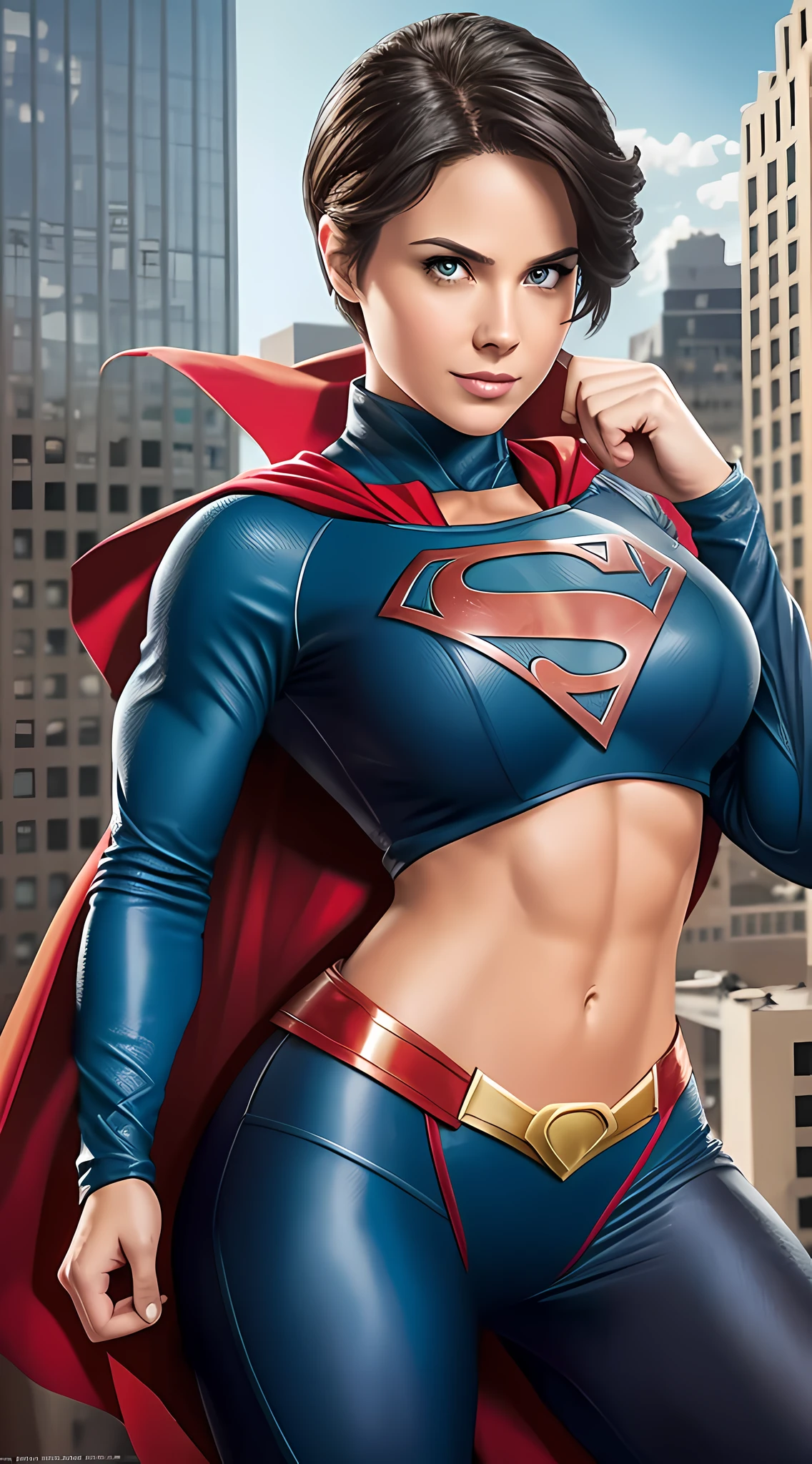 Lara Lane Kent as super girl, toned abs, hyper muscular body, hyper protruding muscular arms, large protruding biceps, black hair too short, pixie cut, her costume is a darker shade of blue than previous live-action versions of the character, and features a prominent red "S" symbol on the chest and a red cape, attractive face,  perfect eyes, beautiful eyes, on top of the daily bugle building.