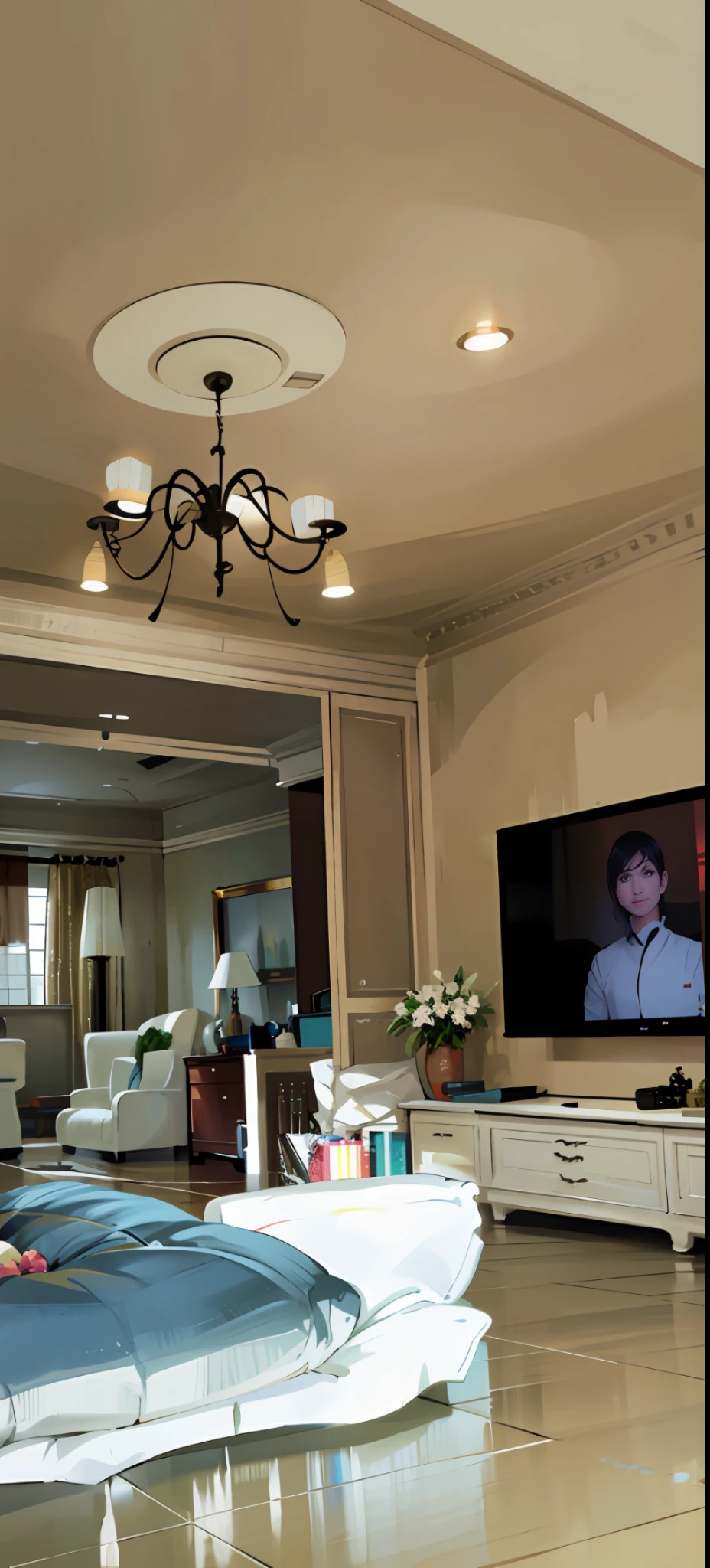 there is a large television in the living room with a chandelier, well - decorated, crt tv mounted, inspired by Cheng Jiasui, wide shot 4k result, ultrawide angle cinematic view, tv frame, 4k], 4 k ], wide angle shot 4 k hdr, cinematic view from lower angle, 50mm 4k, full room view, one ceiling fan