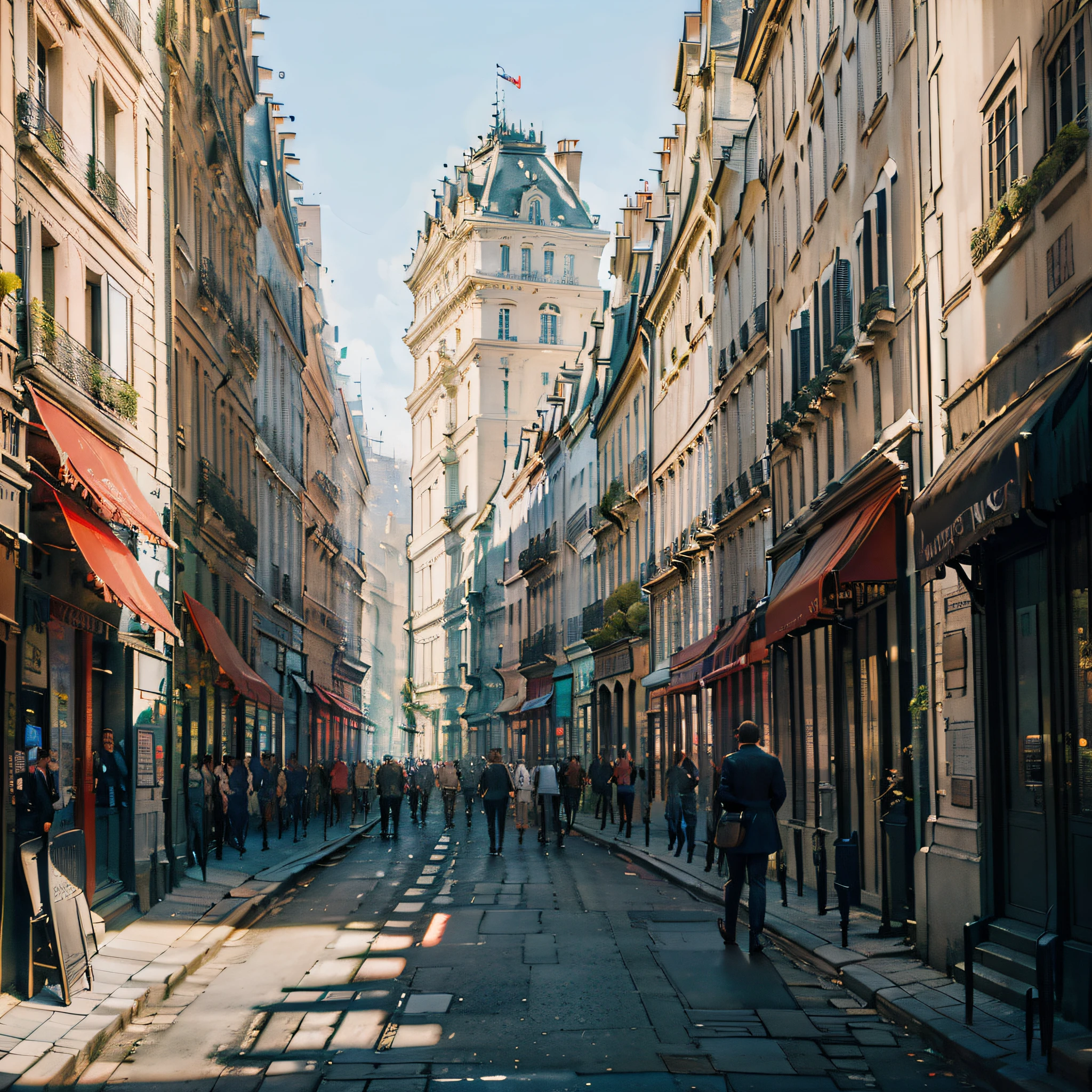 (A realistic photograph of a Beautiful Late Afternoon + in the city of Paris, Sunset Street), (Paris style + French architecture), (High Quality + Best Lighting), (Beautiful Sunset) (blue / orange / red sky + birds), (Dynamic angles + continuous path), (Nostalgic + memory style + twilight), (main frame: street + building) +( empty streets, no people and no cars, just the beautiful architecture of Paris for contemplation)+(feeling of peace and tranquility) + (scenery cinematic).