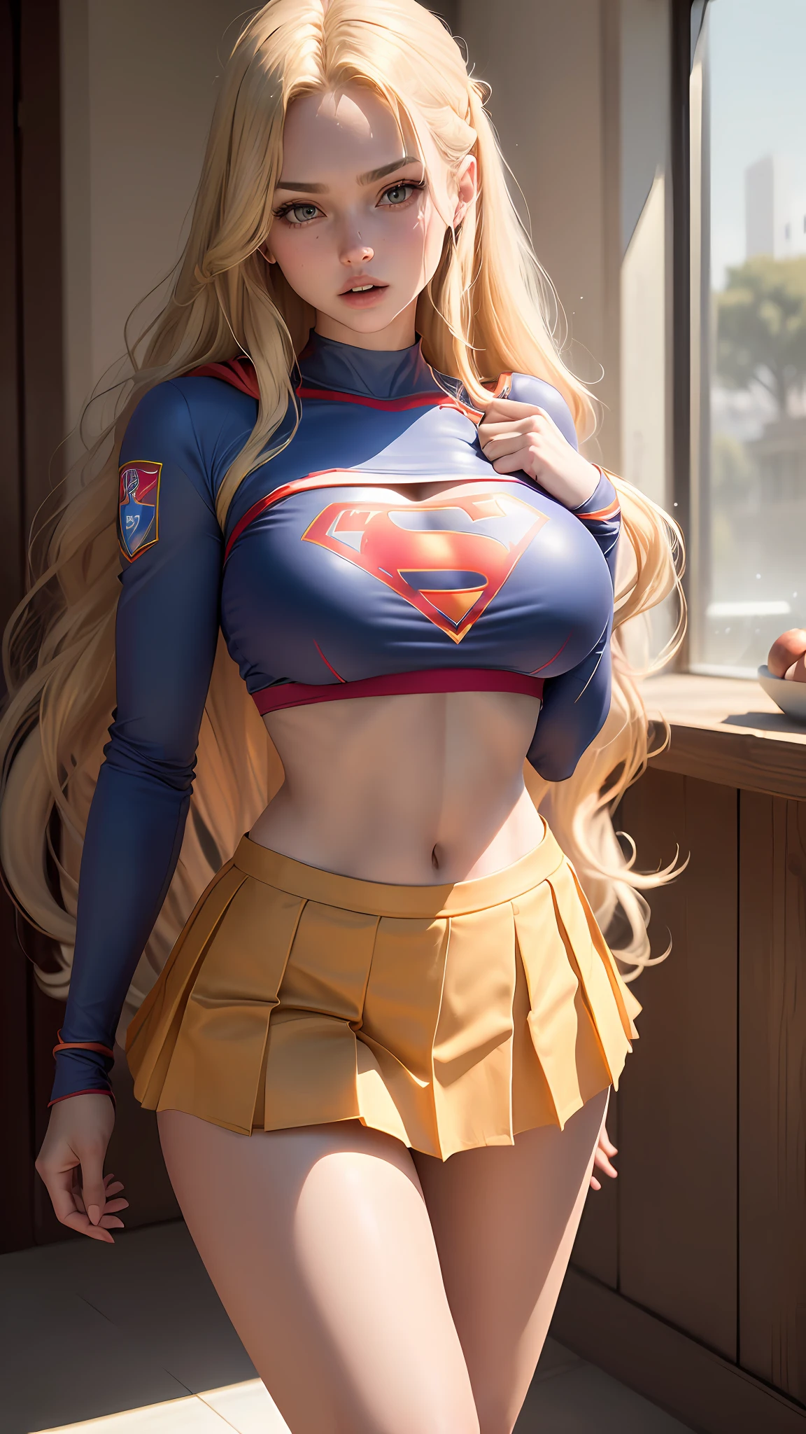 ((Best quality, masterpiece, absurdists)) supergirl:1.5, 1girl,woman((19 years old, huge breasts, long blonde hair)) ,wearing cheerleader uniform (( cropped top short long sleeve and pleated skirt of supergirl)),sexy body, cute girl , bathing suit, perfect body, warm with bright sun