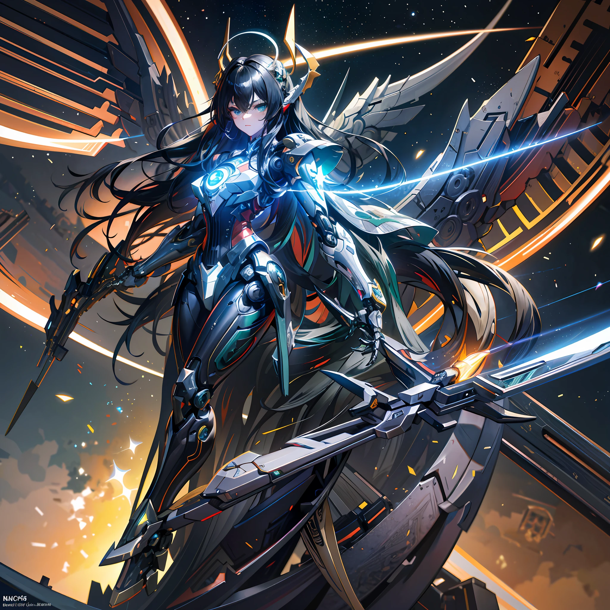 masterpiece,best quality,ultra-detailed,very detailed illustrations,extremely detailed,intricate details,highres,super complex details,extremely detailed 8k cg wallpaper,cowboy shot, caustics,reflection,ray tracing,demontheme,nebula,dark aura,cyber effect, (1girl:1.4),solo,alone,mecha musume,mechanical parts, robot joints,single mechanical arm, headgear, mechanical halo,star halo,intricate mechanical bodysuit, mecha corset, kimono, full armor, very long hair,black hair, hair between eyes, multicolored hair, colored inner hair, green eyes,glowing eye,eye trail, random expressions,random action, ancient japanese architecture,pond, starry sky,skyline,