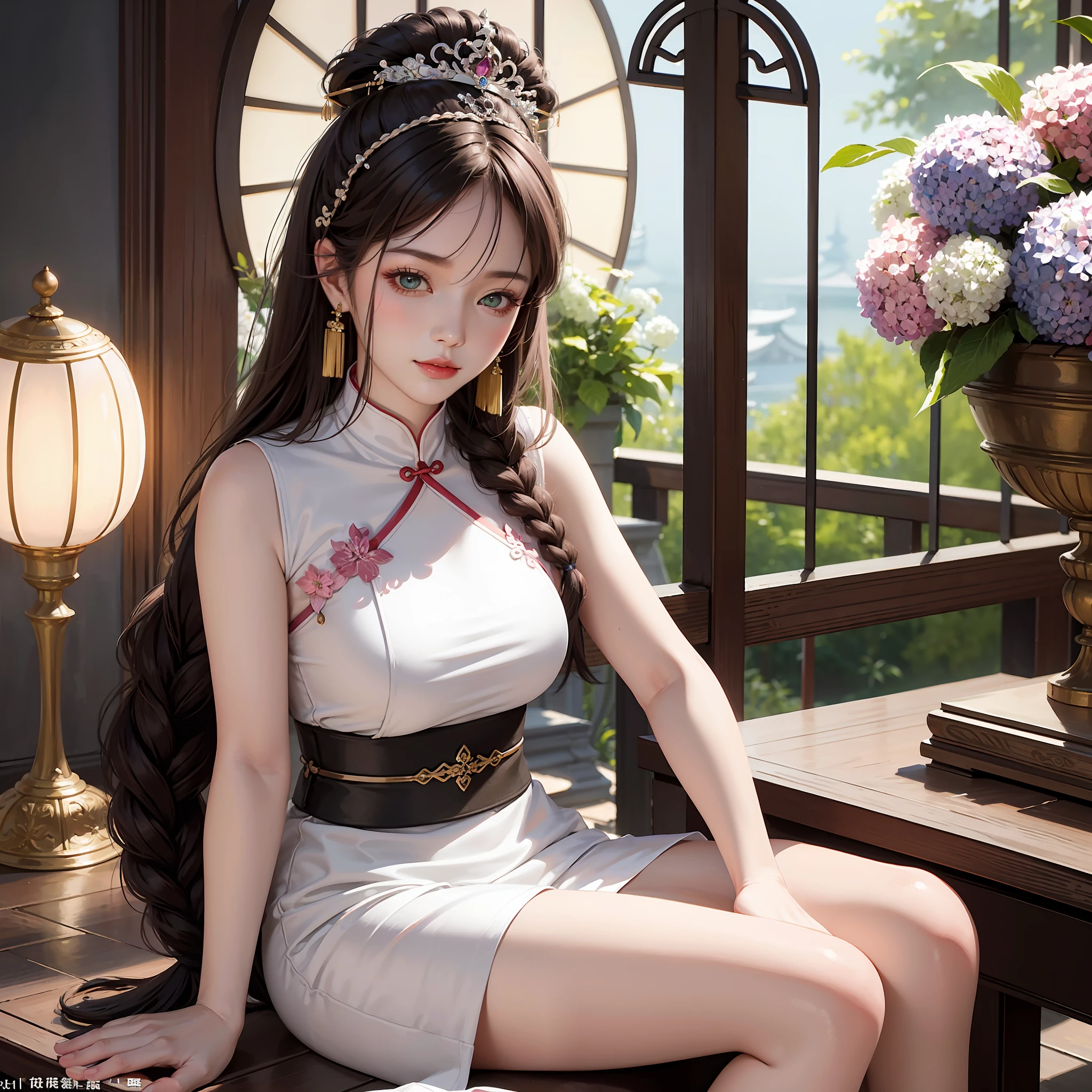 Masterpiece: The Best Night Full Moon 1 Female Mature Chinese Style Ancient Chinese Sister Royal Sister Smile Brown Hair Princess Cut Single Twist Braid Double Pill Head Light Pink Lips, Calm, Intellectual, Medium Hair, Green Eyes, Hairpin, Hydrangea,