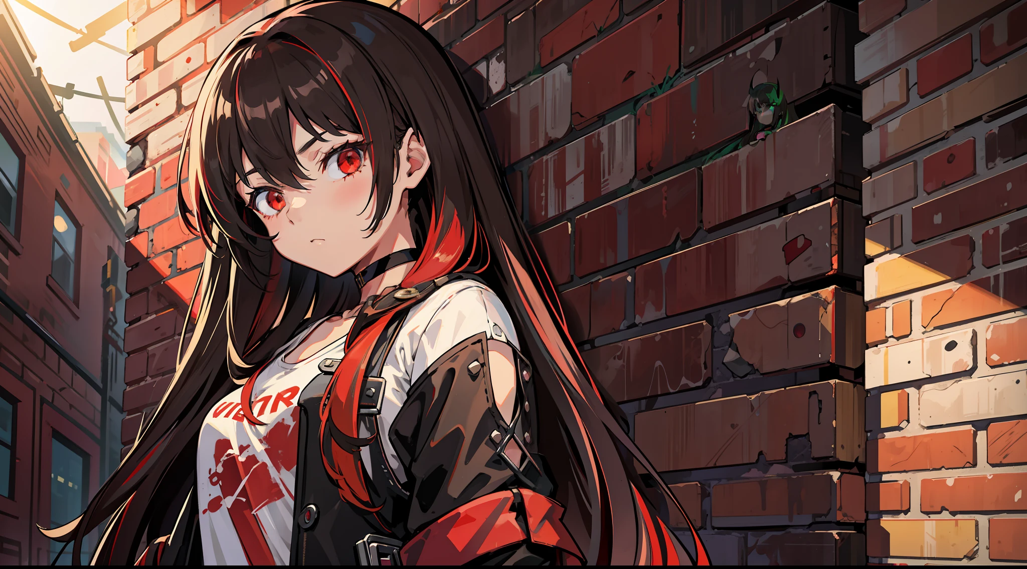 Superb detail, fine detail, chromatic aberration, 1girl, long hair, brunette, messy hair, red highlights, hair in one eye, red eyes, sharp eyes, choker, neon shirt, torn tights, open coat, against wall, brick wall, graffiti, dim lighting, alley