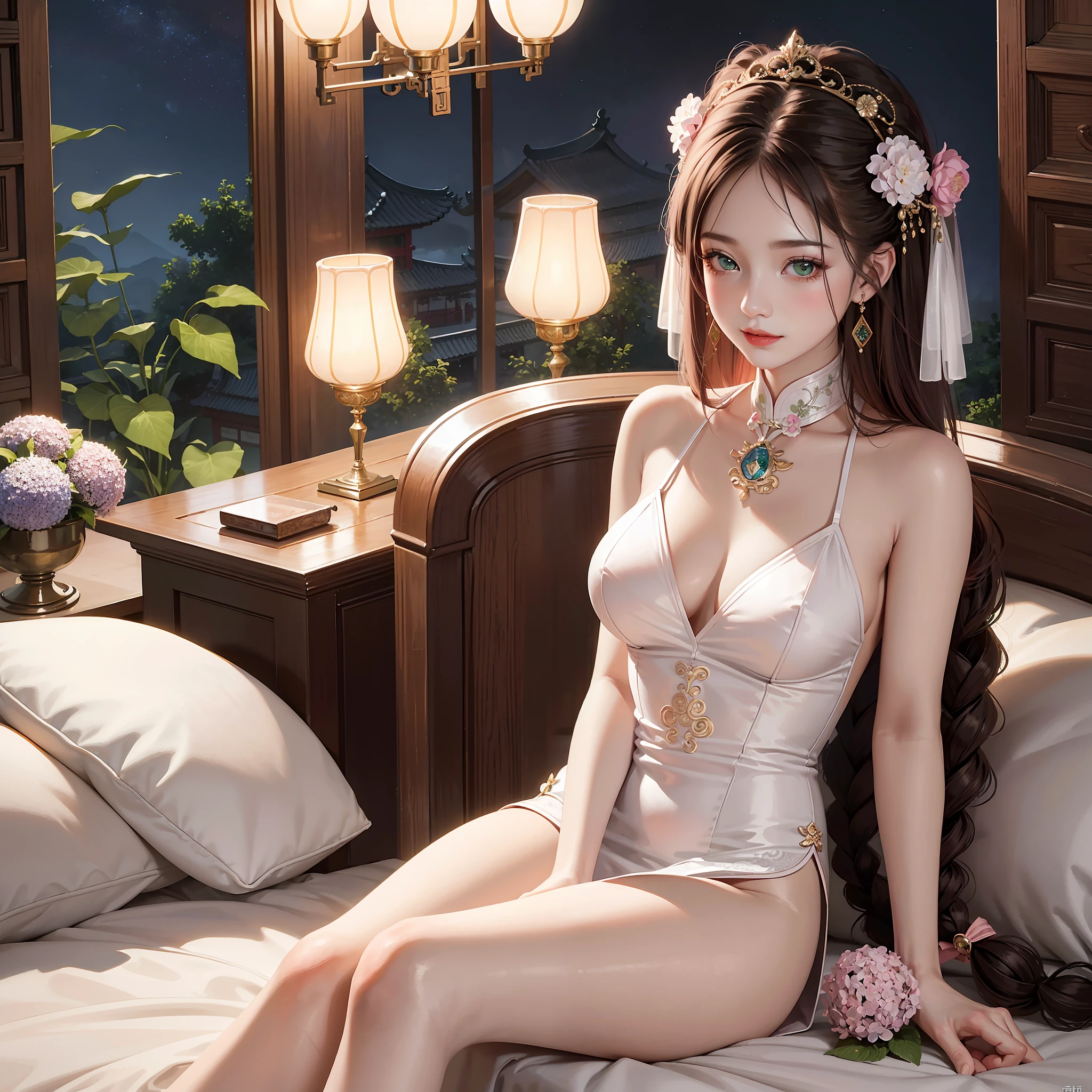 Masterpiece: The Best Night Full Moon 1 Female Mature Chinese Style Ancient Chinese Sister Royal Sister Smile Brown Hair Princess Cut Single Twist Braid Double Pill Head Light Pink Lips, Calm, Intellectual, Medium Hair, Green Eyes, Hairpin, Hydrangea,