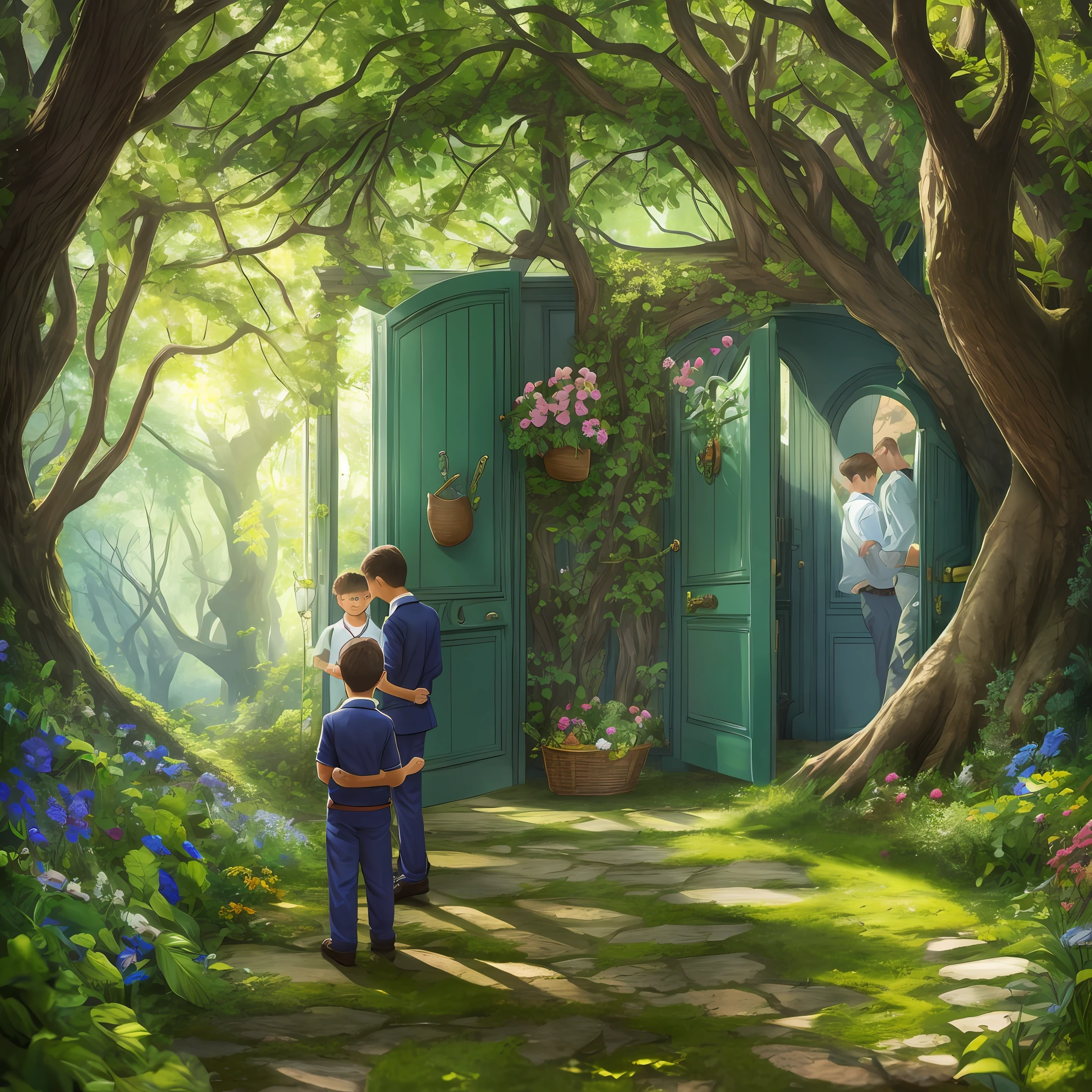 Victor and Daniel opened the door on the trunk of the tree and were amazed to discover a magical world on the other side. They entered and soon found themselves surrounded by charming animals --auto --s2