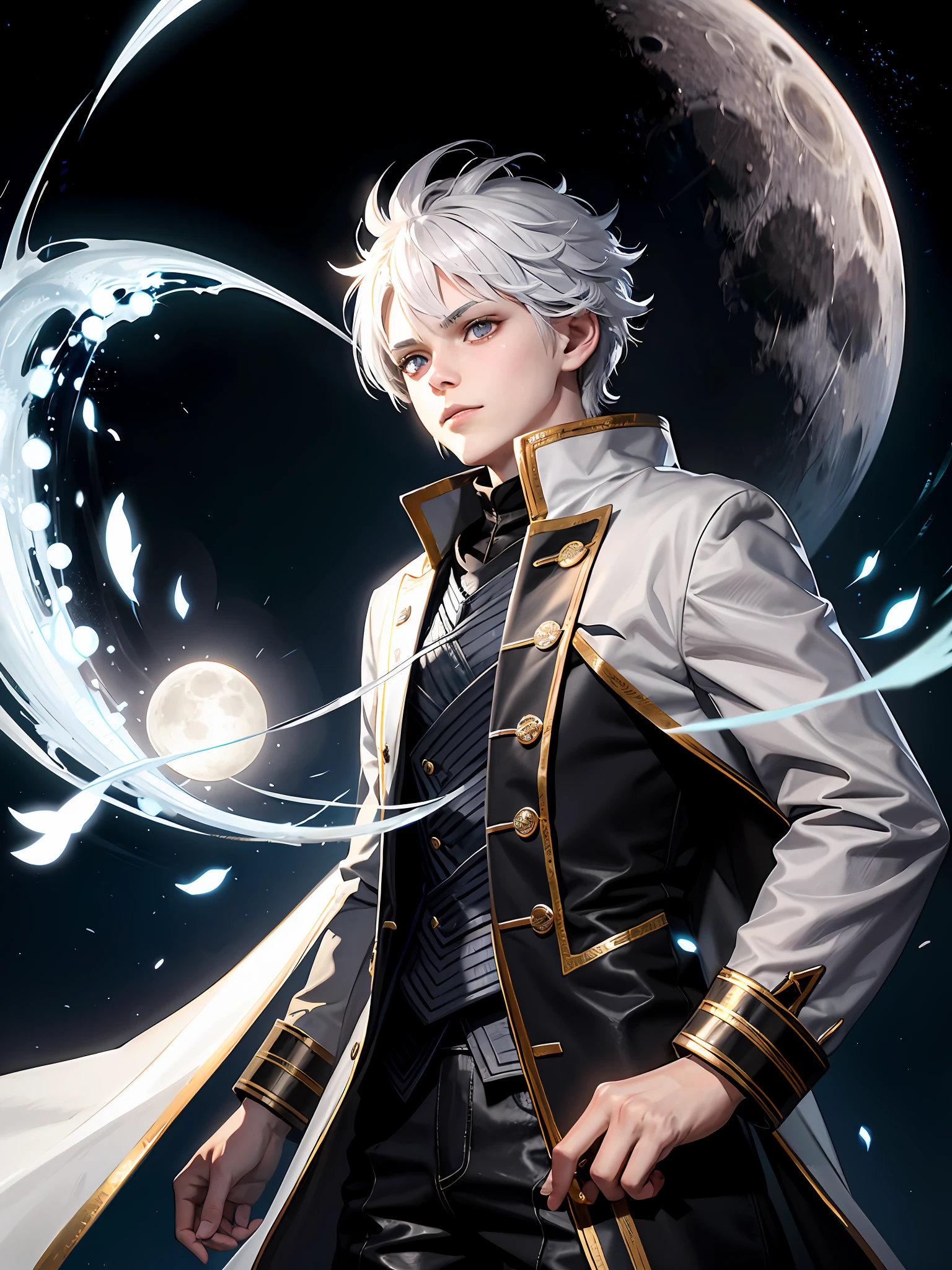 An 8-year-old boy with white hair and silver eyes, known for having great combat skills with ice magic. He wears white clothes like the light of the full moon with a long scarf around his neck, in addition he also carries a katana with the blessing of the moon goddess