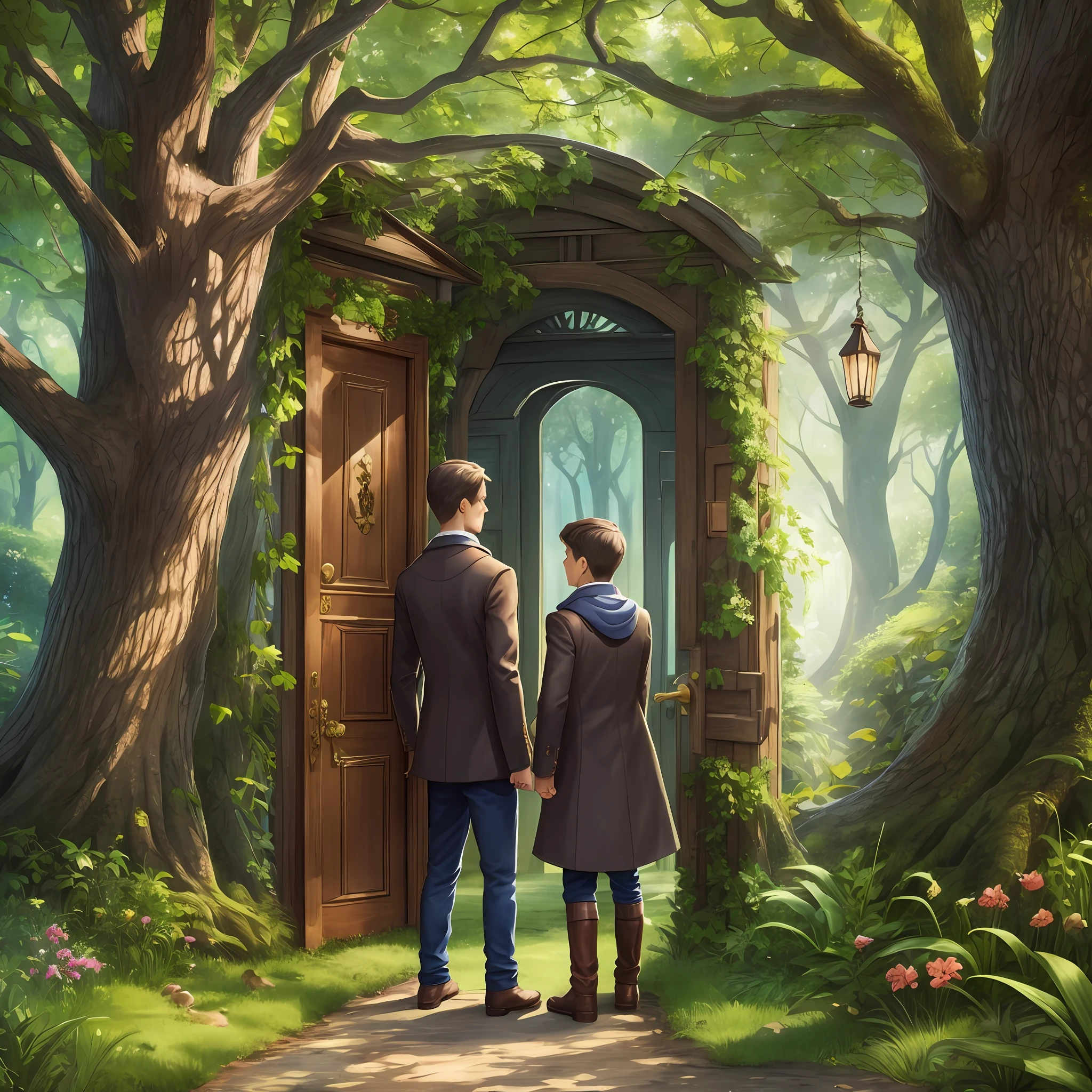 Victor and Daniel opened the door on the trunk of the tree and were amazed to discover a magical world on the other side. They entered and soon found themselves surrounded by charming animals --auto --s2