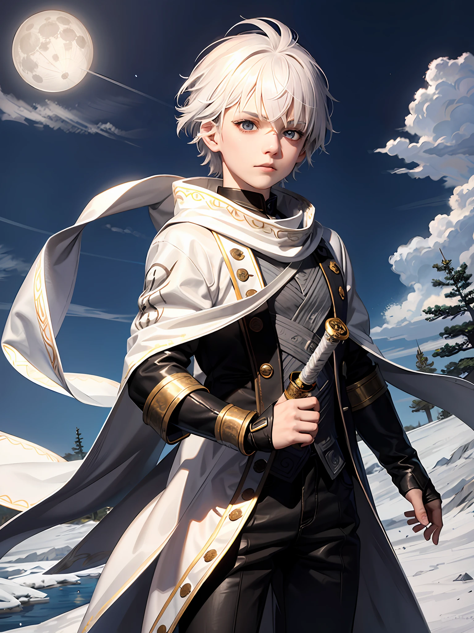 An 8--old  with white hair and silver eyes, known for having great combat skills with ice magic. He wears white clothes like the light of the full moon with a long scarf around his neck, in addition he also carries a katana with the blessing of the moon goddess