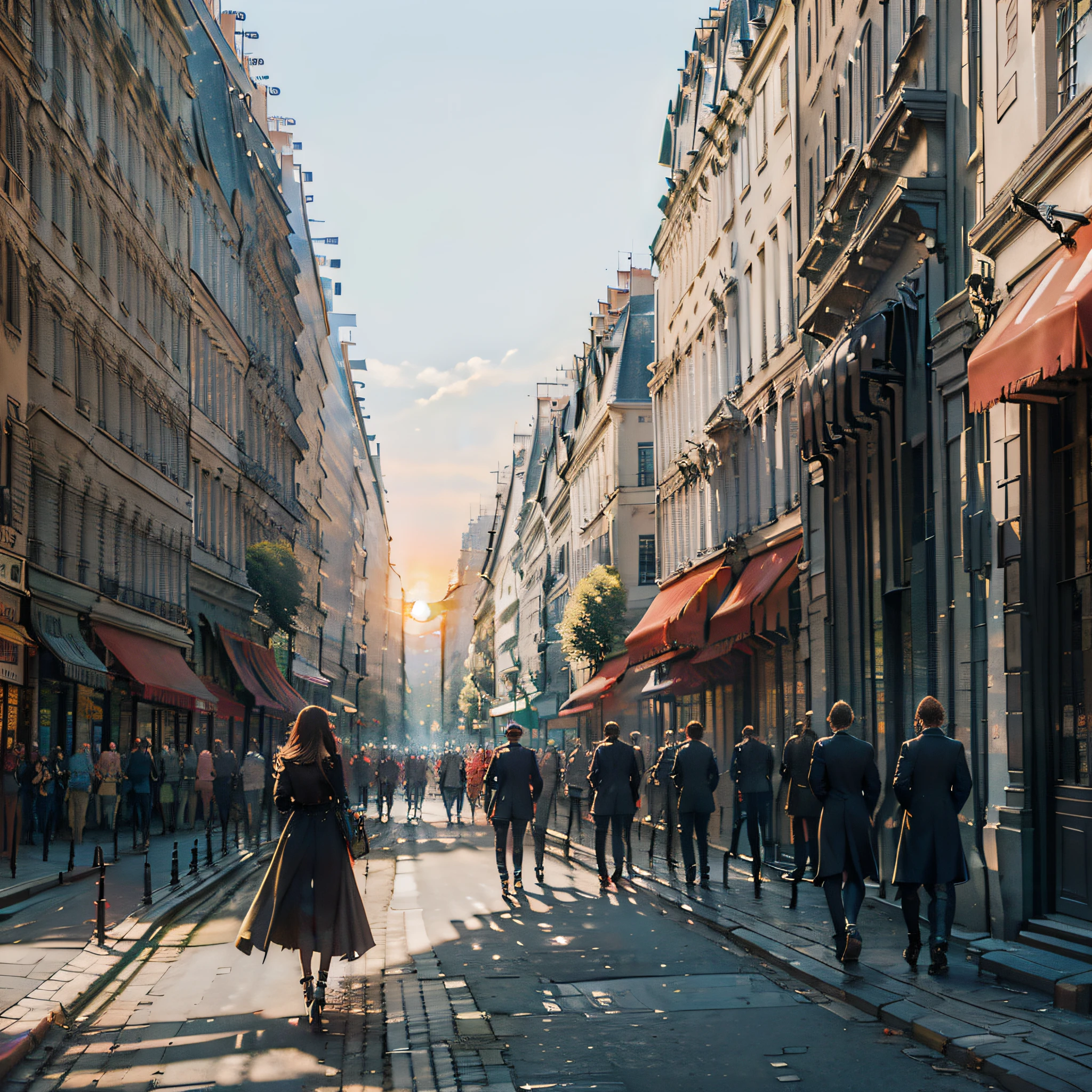 (A realistic photograph of a Beautiful Late Afternoon + in the city of Paris, Sunset Street), (Paris style + French architecture), (High Quality + Best Lighting), (Beautiful Sunset) (blue / orange / red sky + birds), (Dynamic angles + continuous path), (Nostalgic + memory style + twilight), (main frame: street + building) +( empty streets, no people and no cars, just the beautiful architecture of Paris for contemplation)+(feeling of peace and tranquility) + (scenery cinematic).