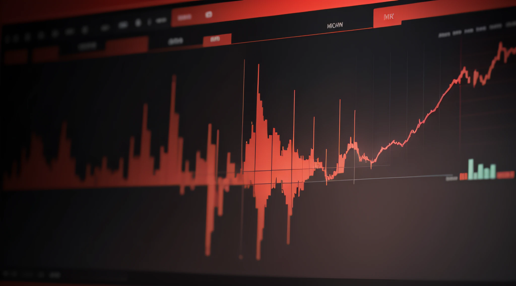 a close up of a red and black background with a graph, a digital rendering by Julian Allen, shutterstock, digital art, shockwaves are coming out, graphic, trading stocks, waveforms on top of square chart, istockphoto, looking partly to the left, charts, high res, displaying stock charts, corrupted data, struggling, rendered image