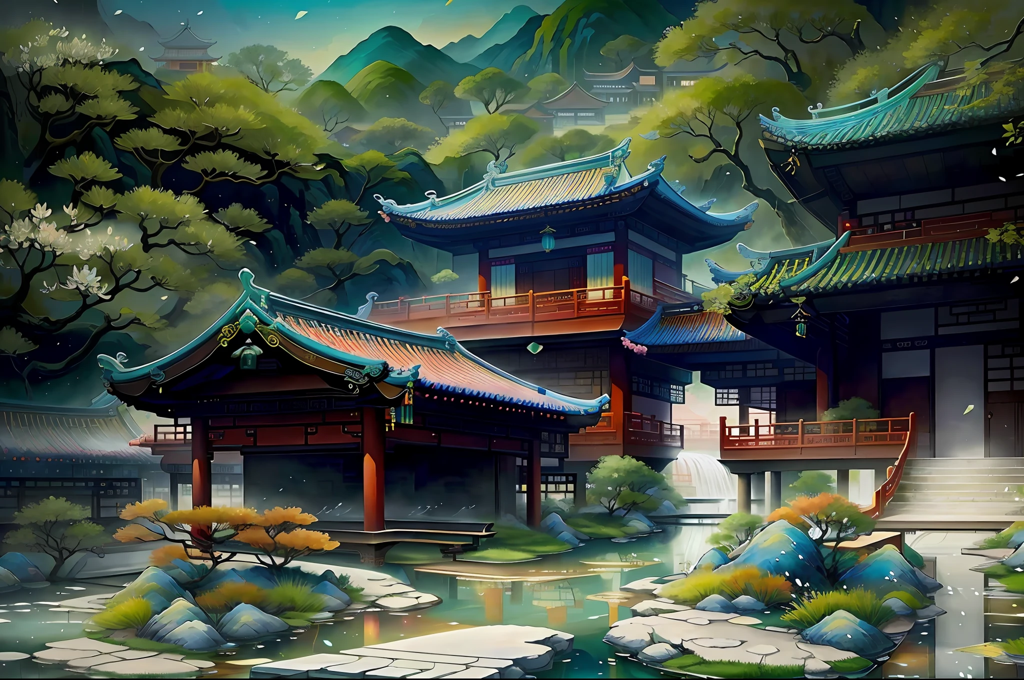 (spacious and bright, quiet and elegant) fresh Chinese characteristic architecture, (pond crystal clear: 1.1), vibrant beauty, residents live in harmony, (peaceful anime scene: 1.2), (small bridge flowing water: 1.1 + spring garden: 1.2 + colorful color: 1.1) brings a comfortable and comfortable life.