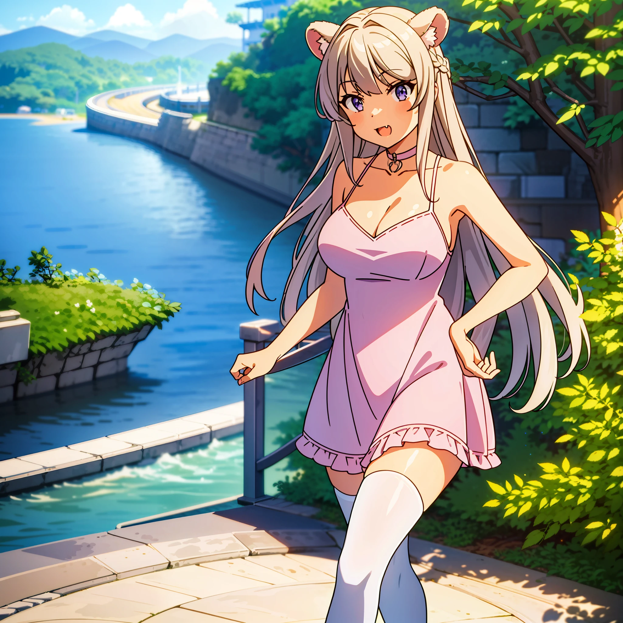 (leaning over:1.4), (masterpiece:1.2, best quality), (real picture, intricate details), 1girl, solo, absurdres, cowboy shot, standing, outdoors, :3, smile, bear girl, bear ears, ((light pink dress)), frills, very detailed dress, white thighhighs, platinum blonde hair, gray blue eyes, long hair, ((red)) strawberry choker, smile, open mouth, one fang, large breasts, cleavage, sleeveless dress, arms behind back,