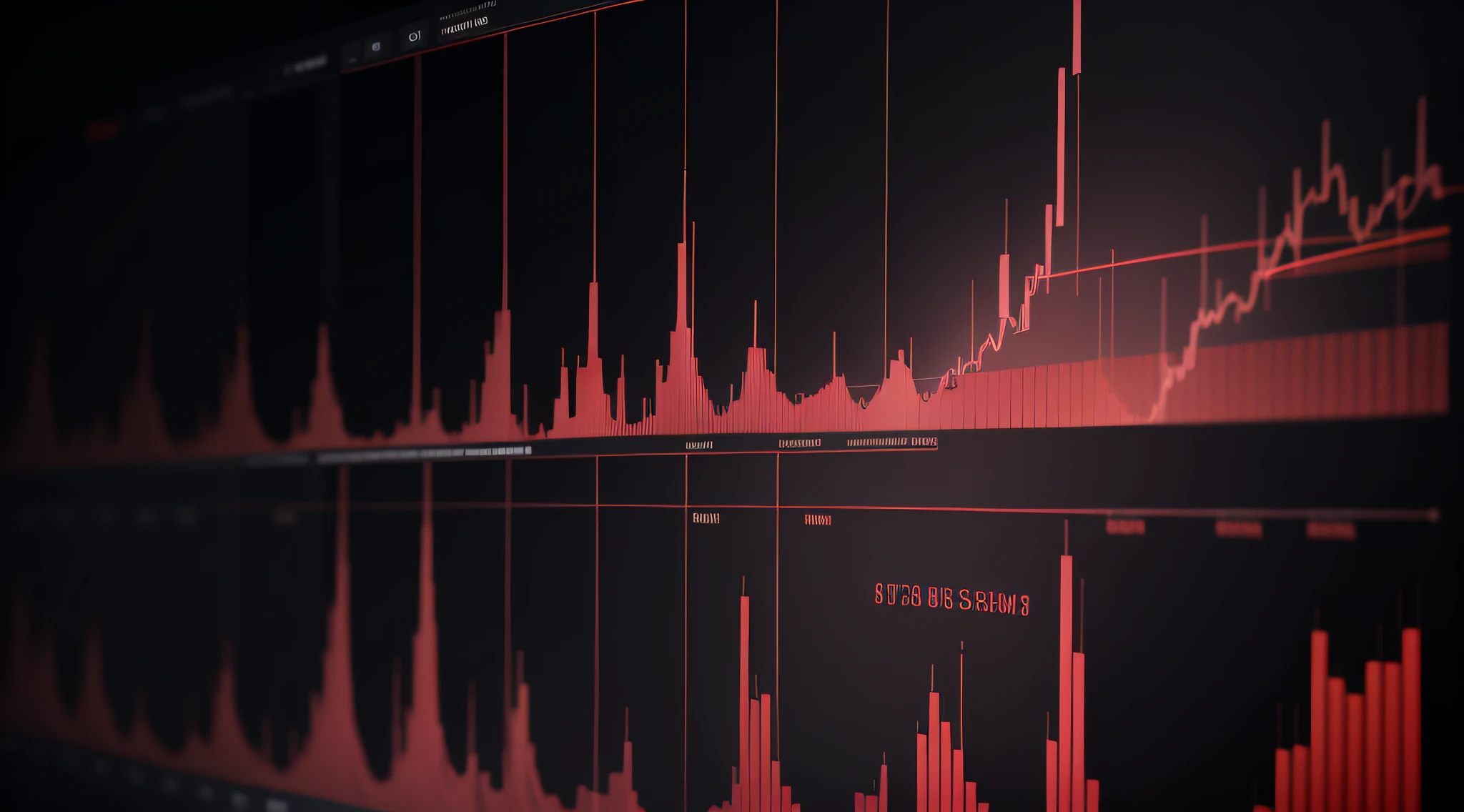 a close up of a red and black background with a graph, a digital rendering by Julian Allen, shutterstock, digital art, shockwaves are coming out, graphic, trading stocks, waveforms on top of square chart, istockphoto, looking partly to the left, charts, high res, displaying stock charts, corrupted data, struggling, rendered image